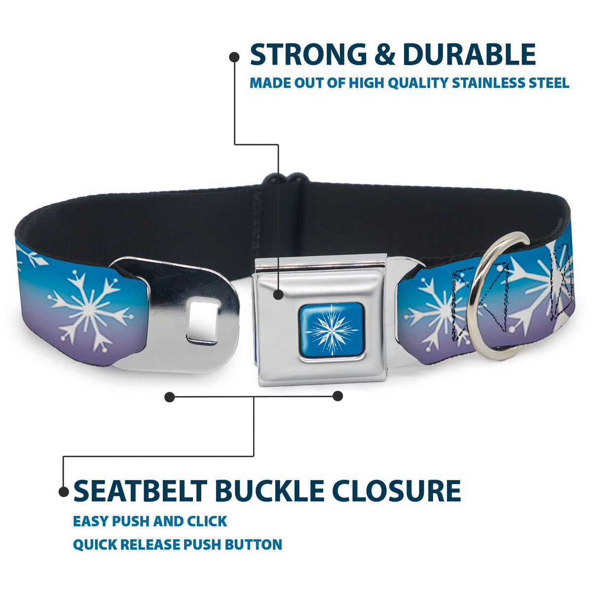 Frozen II Snowflake Full Color Blue/White Seatbelt Buckle Collar - Frozen II Snowflakes Blues/Purples/White