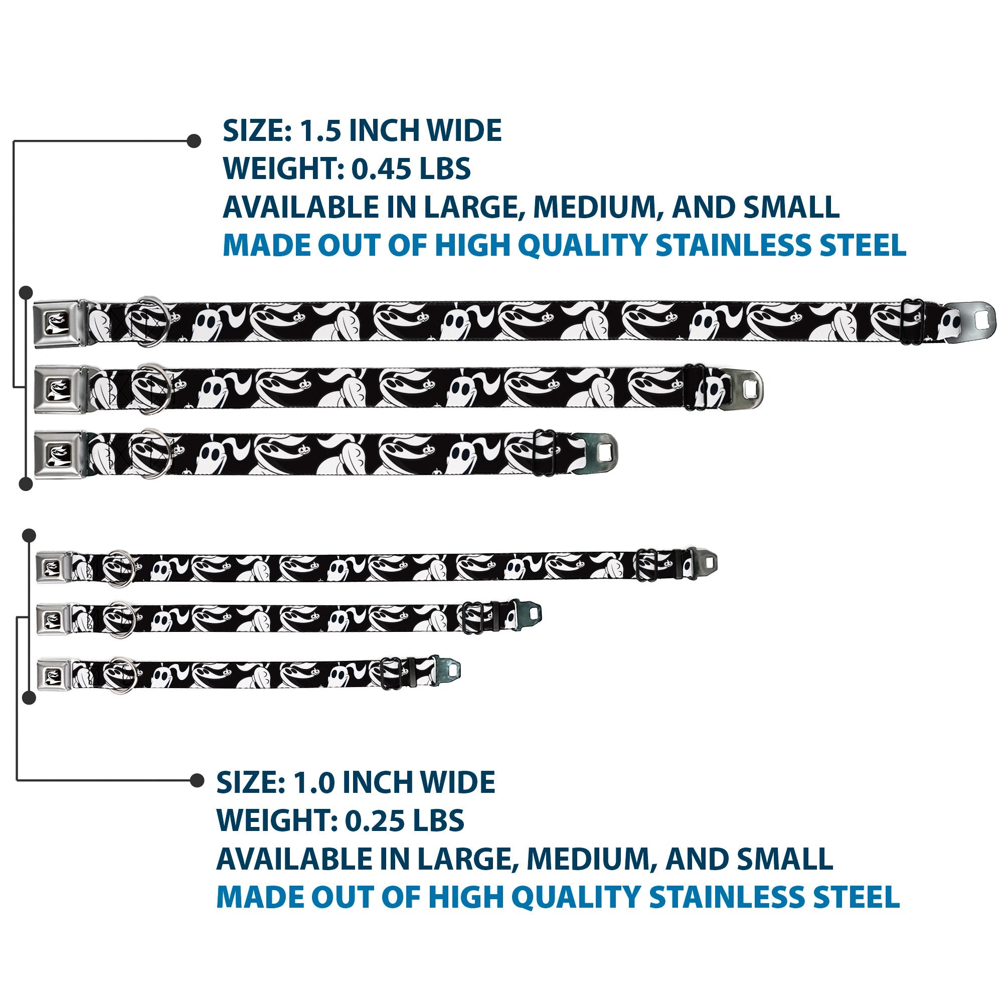 Nightmare Before Christmas Zero Smiling Full Color Black/White Seatbelt Buckle Collar - Nightmare Before Christmas Zero Expressions Black/White