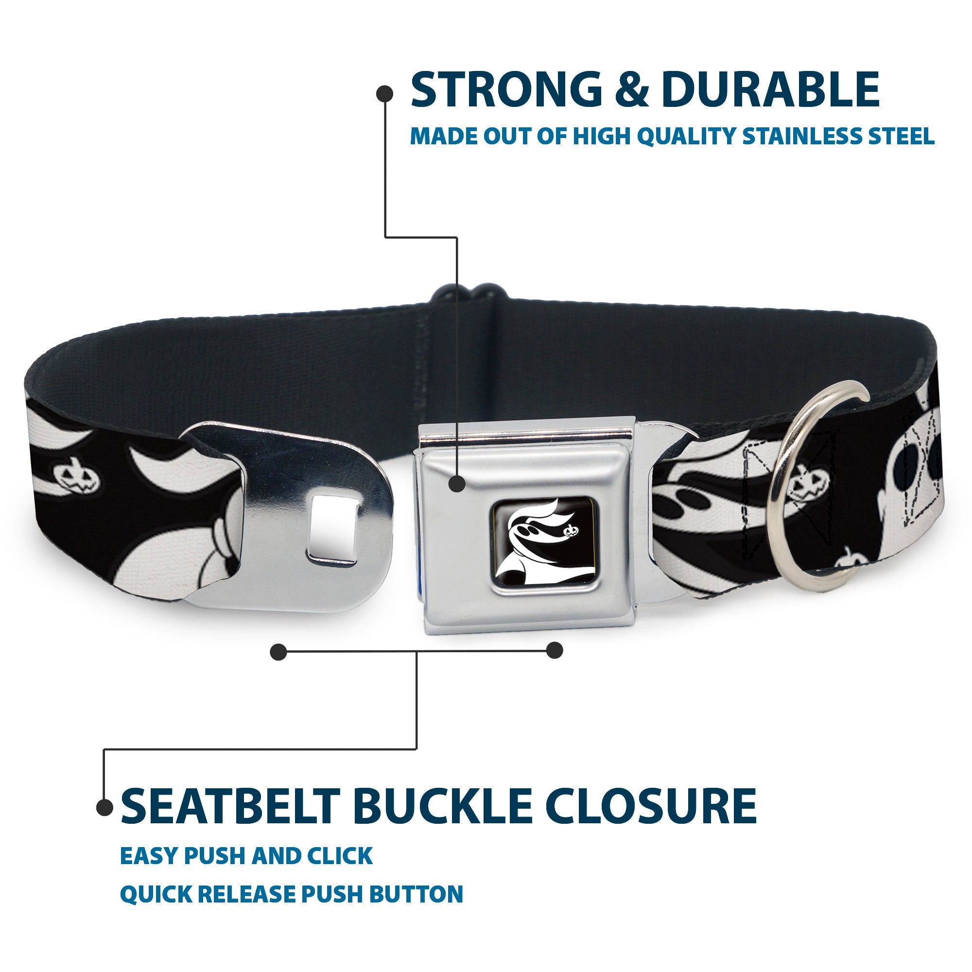 Nightmare Before Christmas Zero Smiling Full Color Black/White Seatbelt Buckle Collar - Nightmare Before Christmas Zero Expressions Black/White