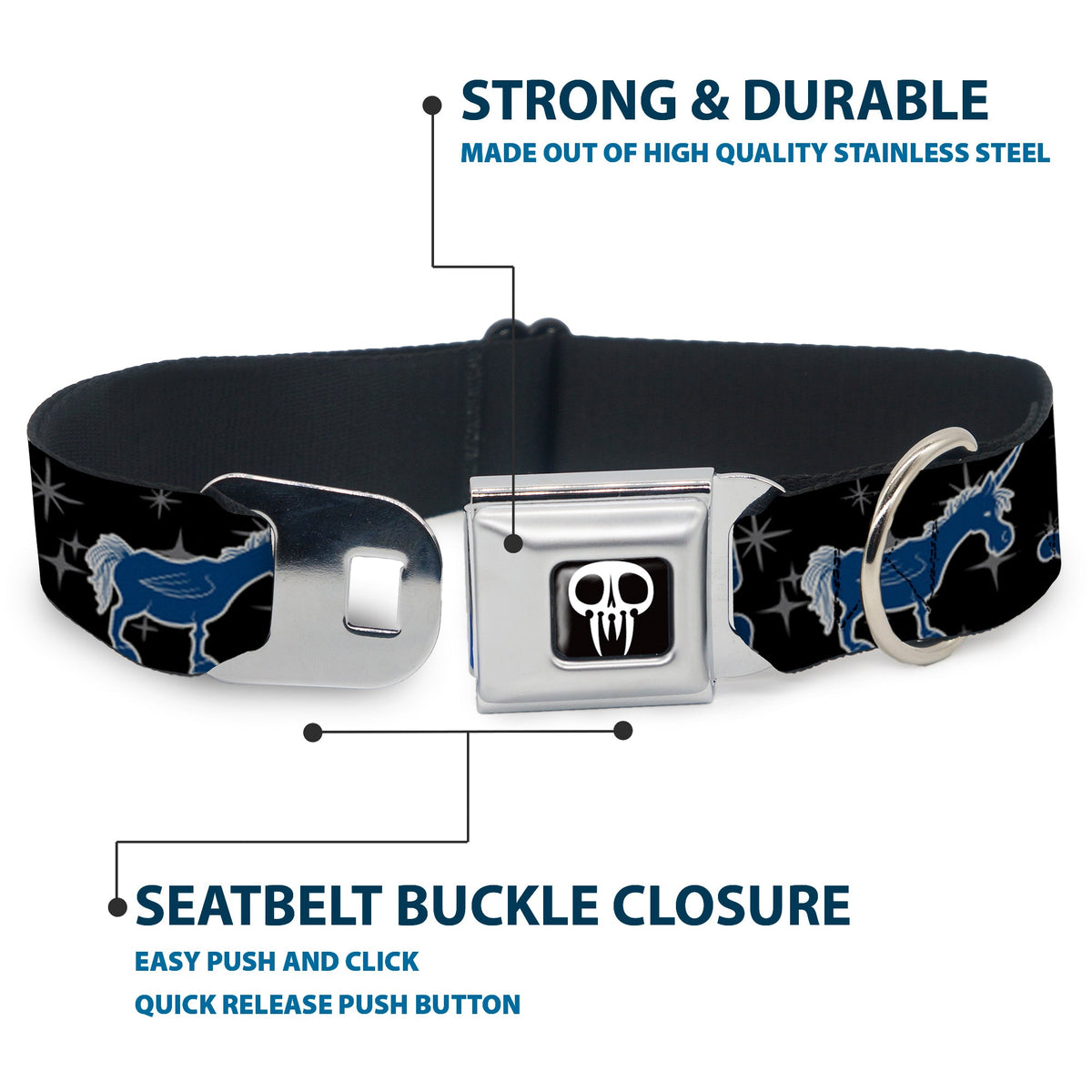 Onward Skull Icon Full Color Black/White Seatbelt Buckle Collar - Onward Barley/Unicorn/Guinevere Icons/Stars Black/Gray/Blues