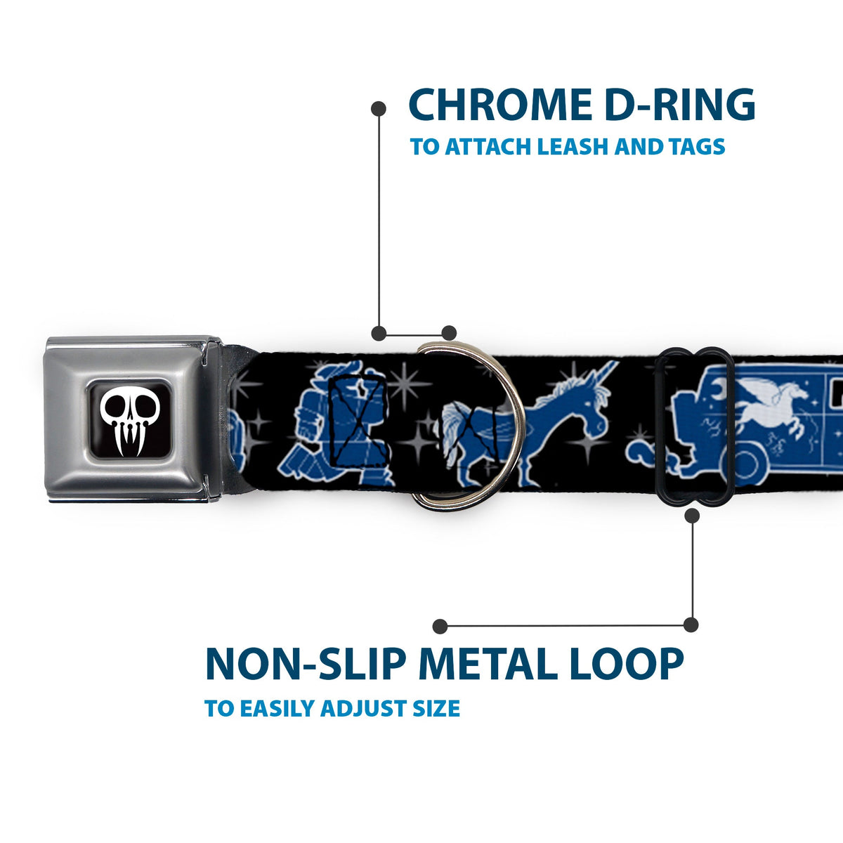 Onward Skull Icon Full Color Black/White Seatbelt Buckle Collar - Onward Barley/Unicorn/Guinevere Icons/Stars Black/Gray/Blues