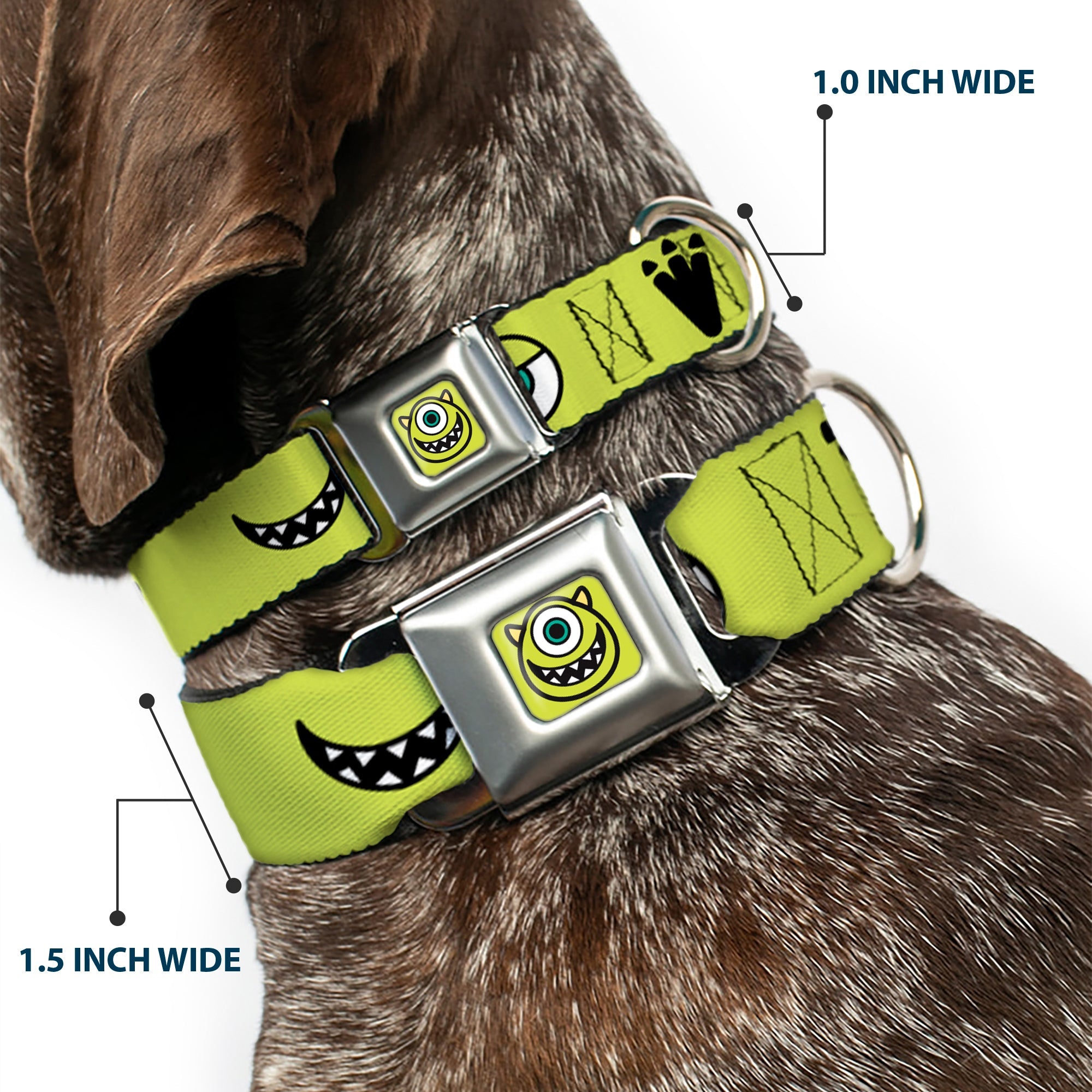Monsters Inc. Mike Smiling Face Full Color Greens/Black/White Seatbelt Buckle Collar - Monsters Inc. Mike 4-Icons Greens/Black/White