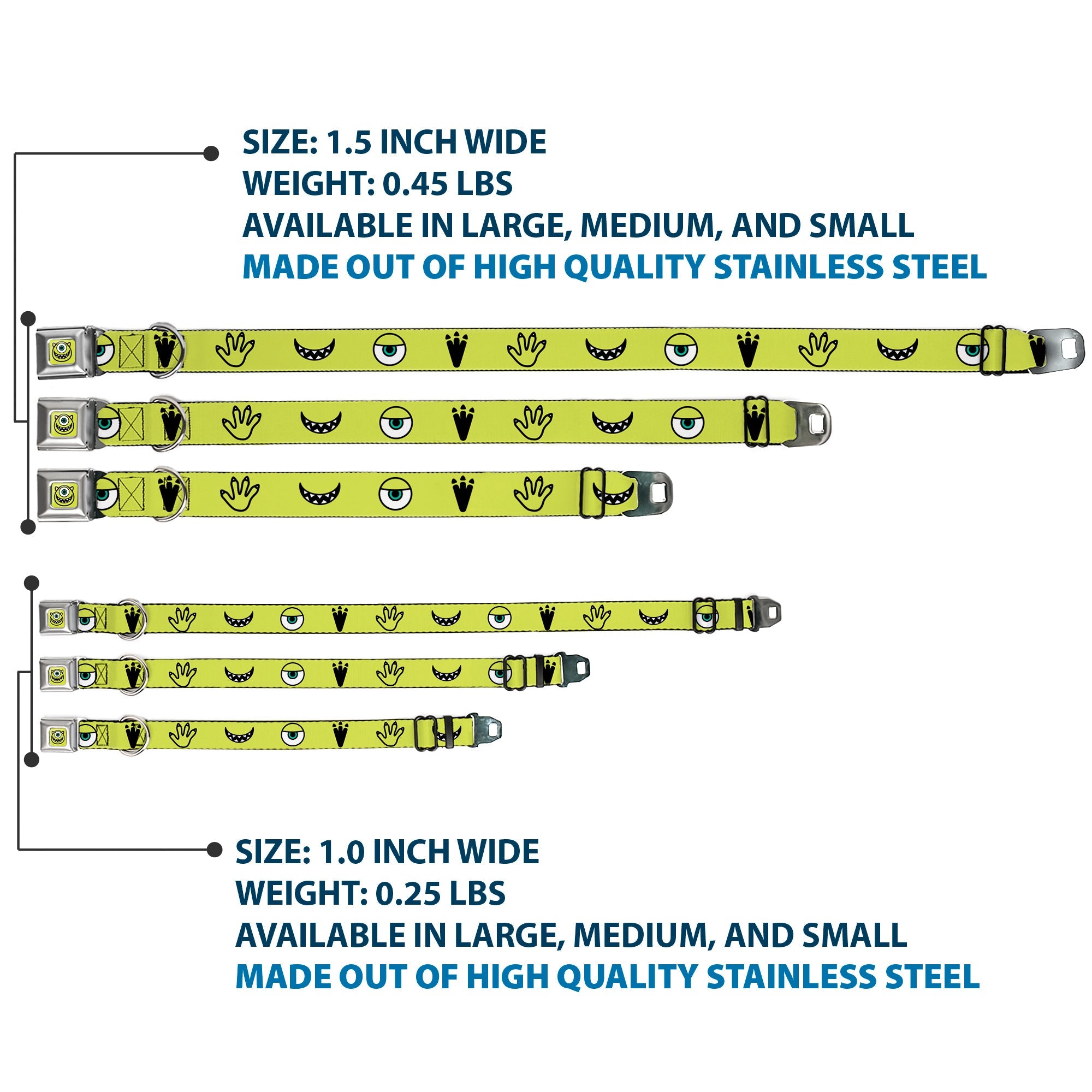 Monsters Inc. Mike Smiling Face Full Color Greens/Black/White Seatbelt Buckle Collar - Monsters Inc. Mike 4-Icons Greens/Black/White