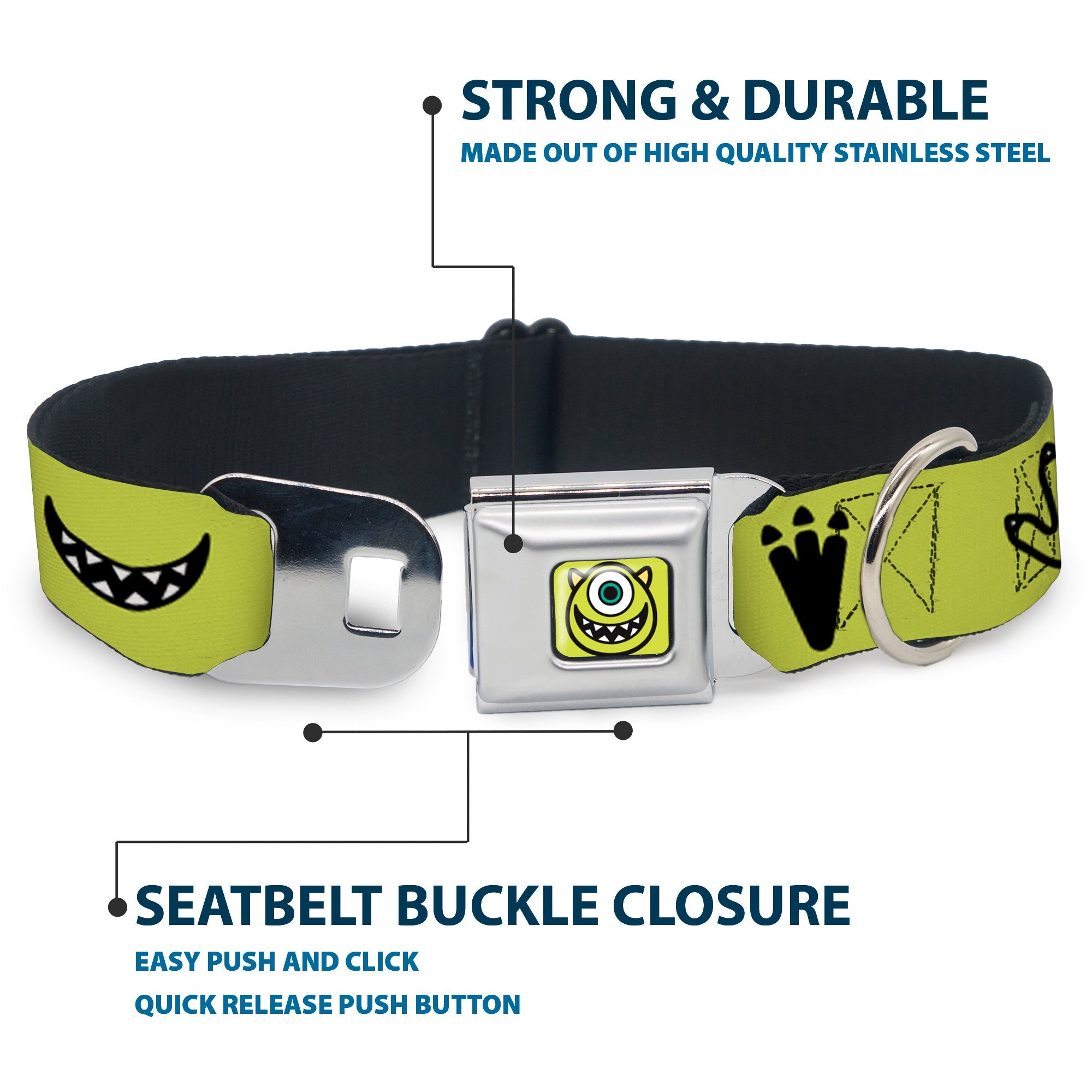 Monsters Inc. Mike Smiling Face Full Color Greens/Black/White Seatbelt Buckle Collar - Monsters Inc. Mike 4-Icons Greens/Black/White