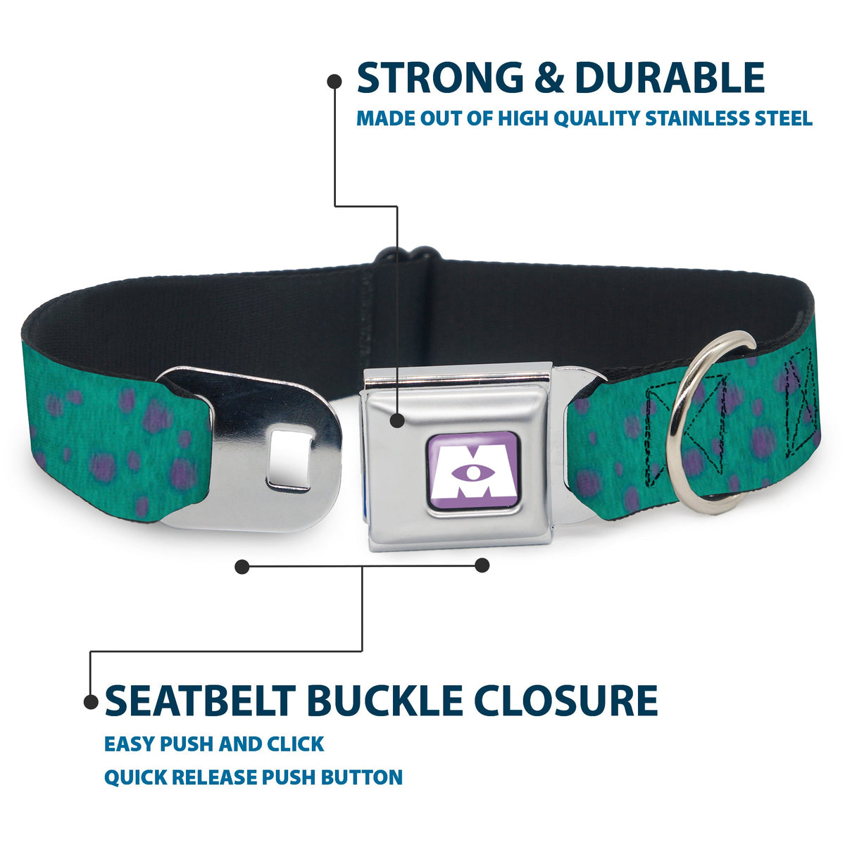 Monsters Inc. Icon Full Color Purple/White Seatbelt Buckle Collar - Monsters Inc. Sulley Bounding Spots Blue/Purple