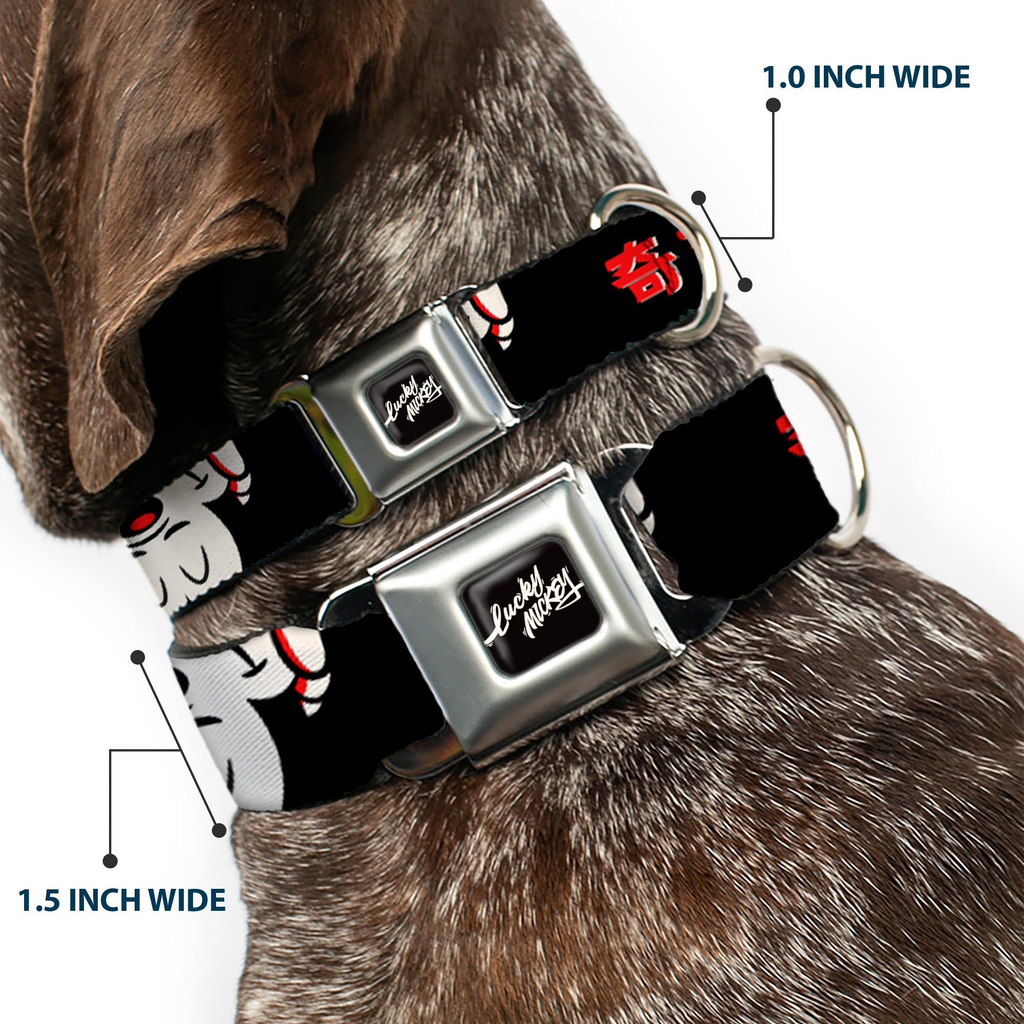 Mickey Mouse LUCKY MICKEY Script Full Color Black/White Seatbelt Buckle Collar - Mickey Mouse Smelling Pose Black/White/Reds