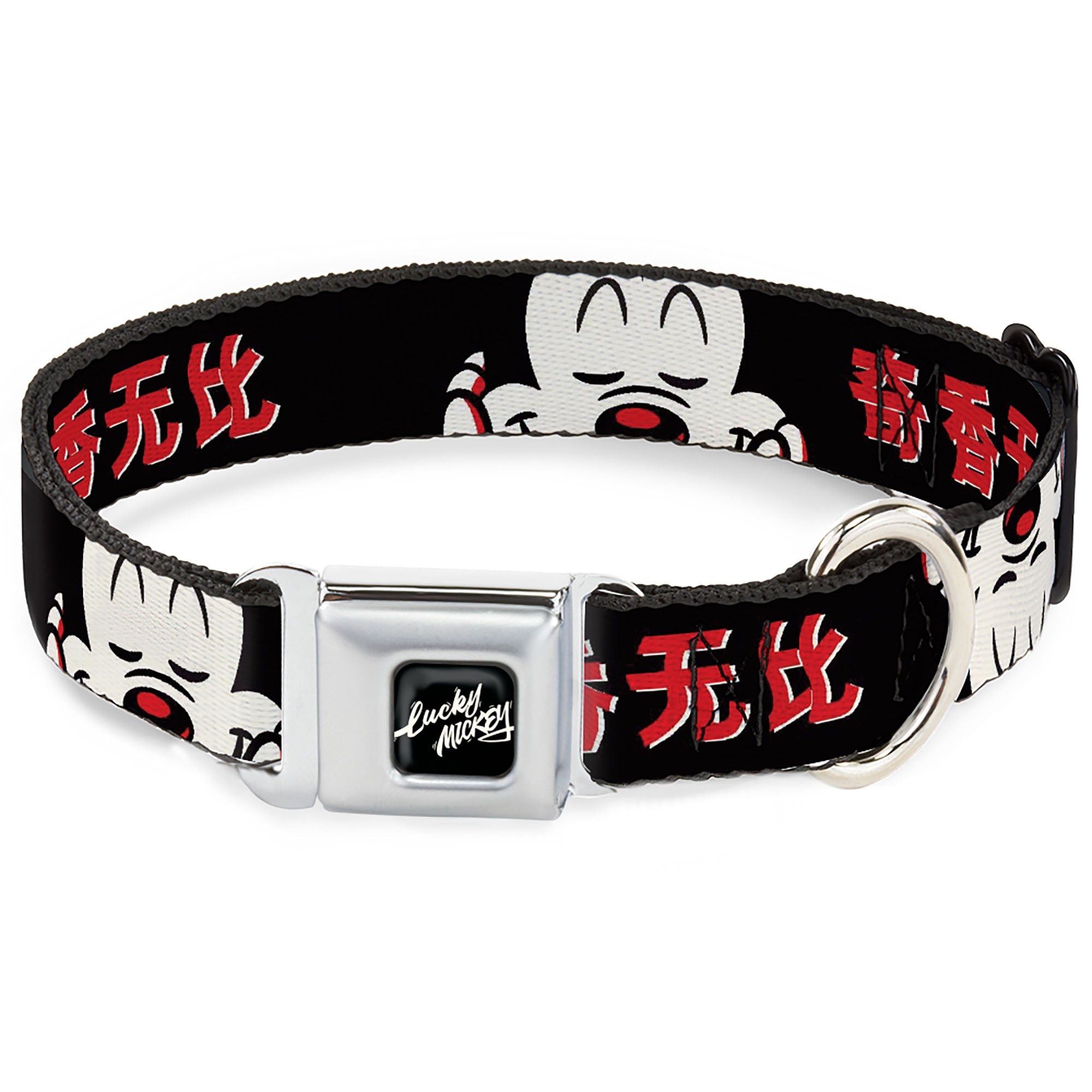 Mickey Mouse LUCKY MICKEY Script Full Color Black/White Seatbelt Buckle Collar - Mickey Mouse Smelling Pose Black/White/Reds