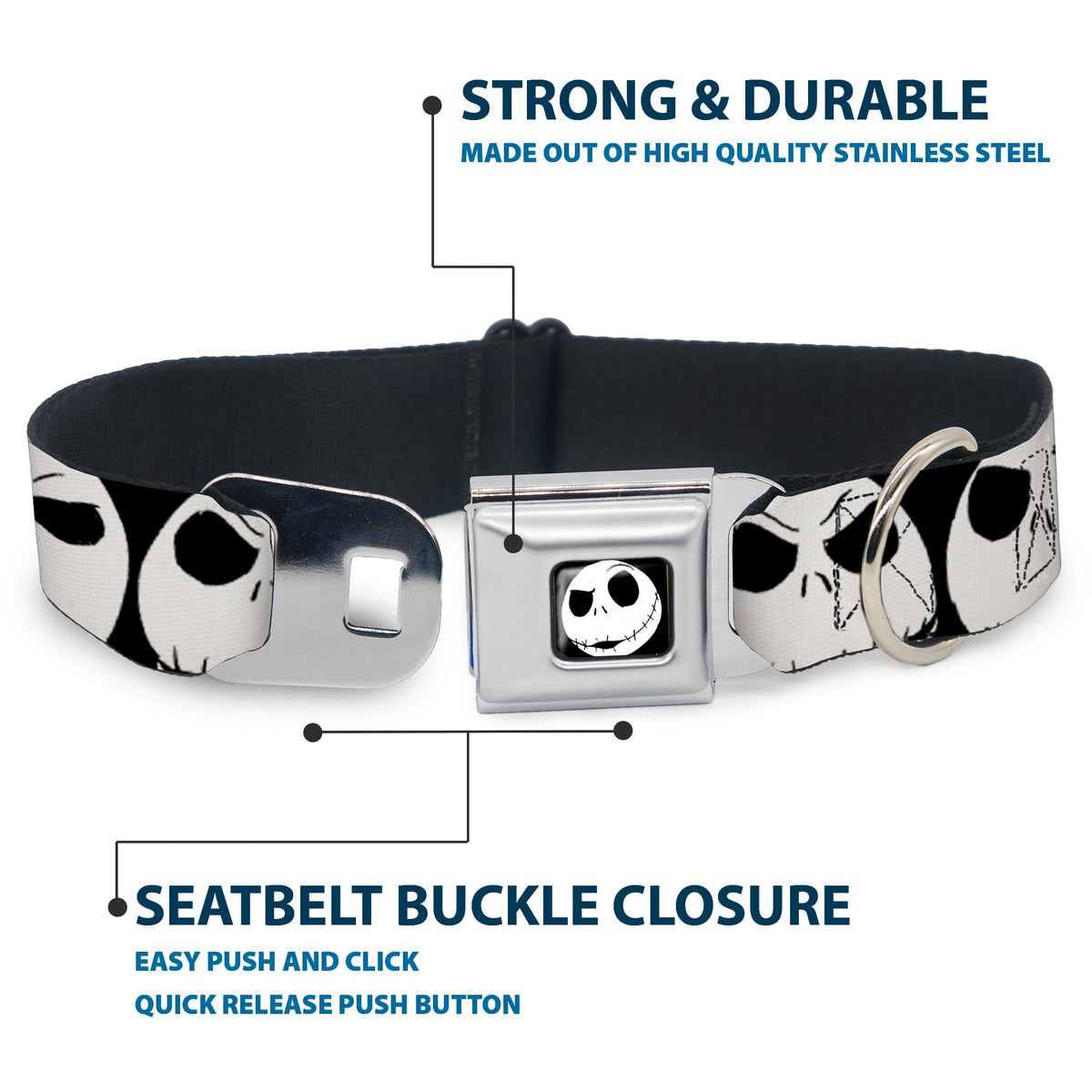Jack Expression2 Full Color Seatbelt Buckle Collar - Nightmare Before Christmas 7-Jack Expressions CLOSE-UP Black/White