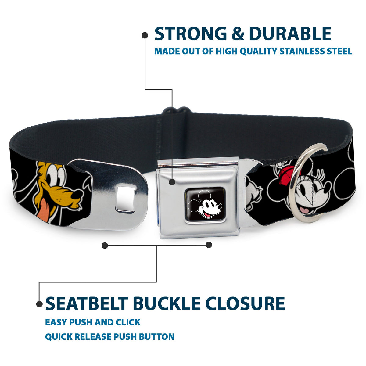 Mickey Mouse Smiling Face Full Color Black Seatbelt Buckle Collar - Disney The Sensational Six Smiling Faces Black