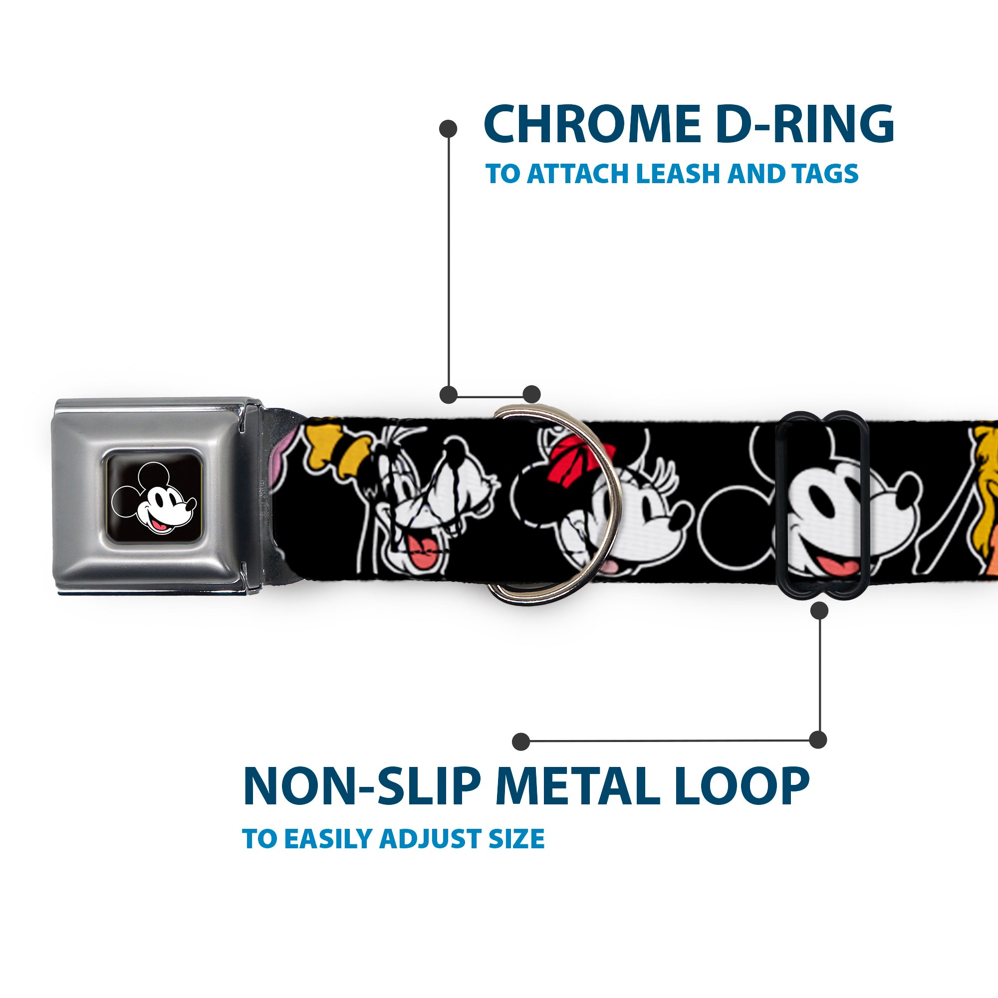 Mickey Mouse Smiling Face Full Color Black Seatbelt Buckle Collar - Disney The Sensational Six Smiling Faces Black