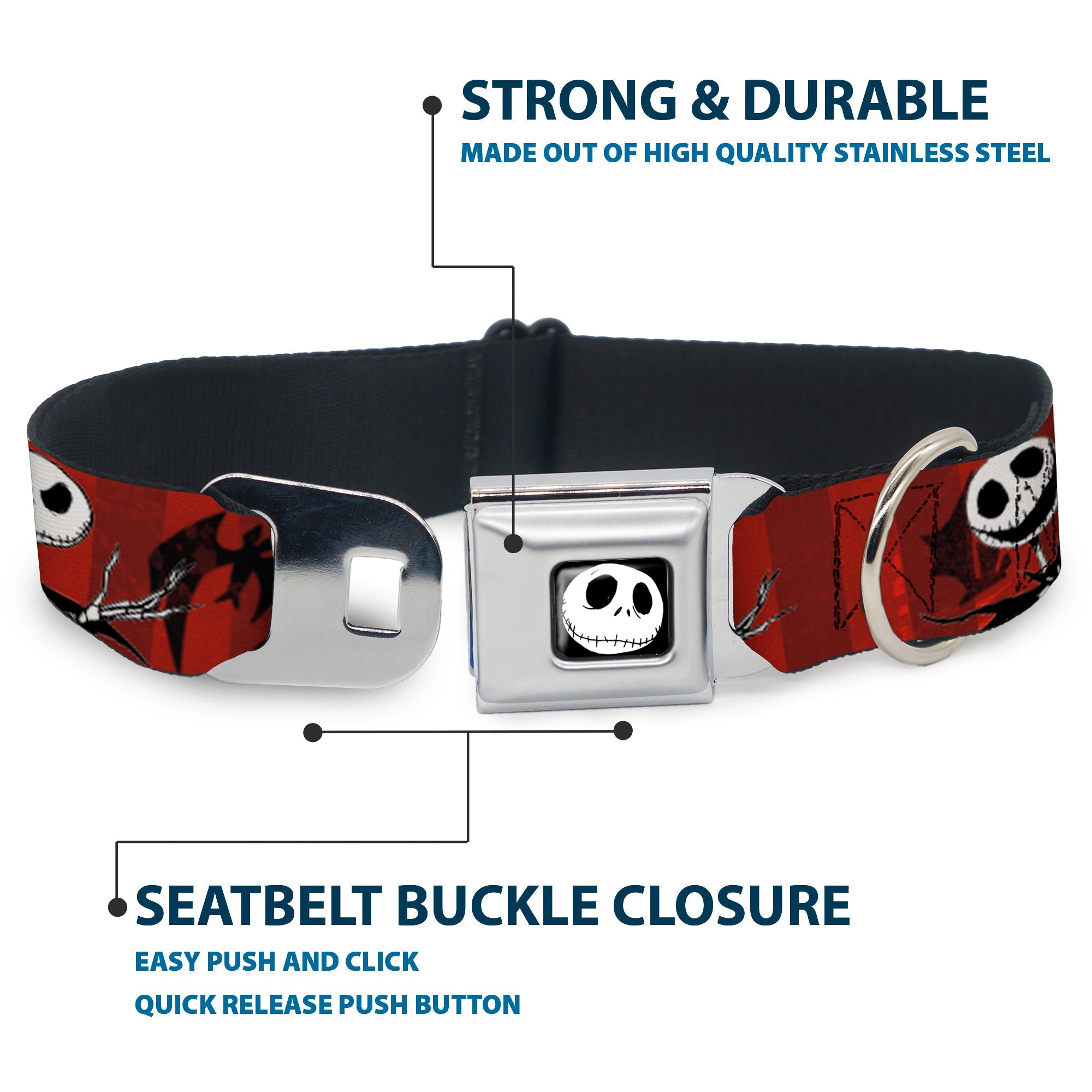 Jack Expression5 Full Color Seatbelt Buckle Collar - Nightmare Before Christmas Jack Poses/Bats Red Stripe
