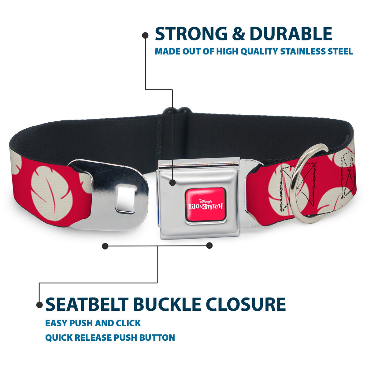 Disneys LILO & STITCH Title Logo Full Color Red/White Seatbelt Buckle Collar - Lilo & Stitch Bounding Lilo Dress Leaves Red/Ivory