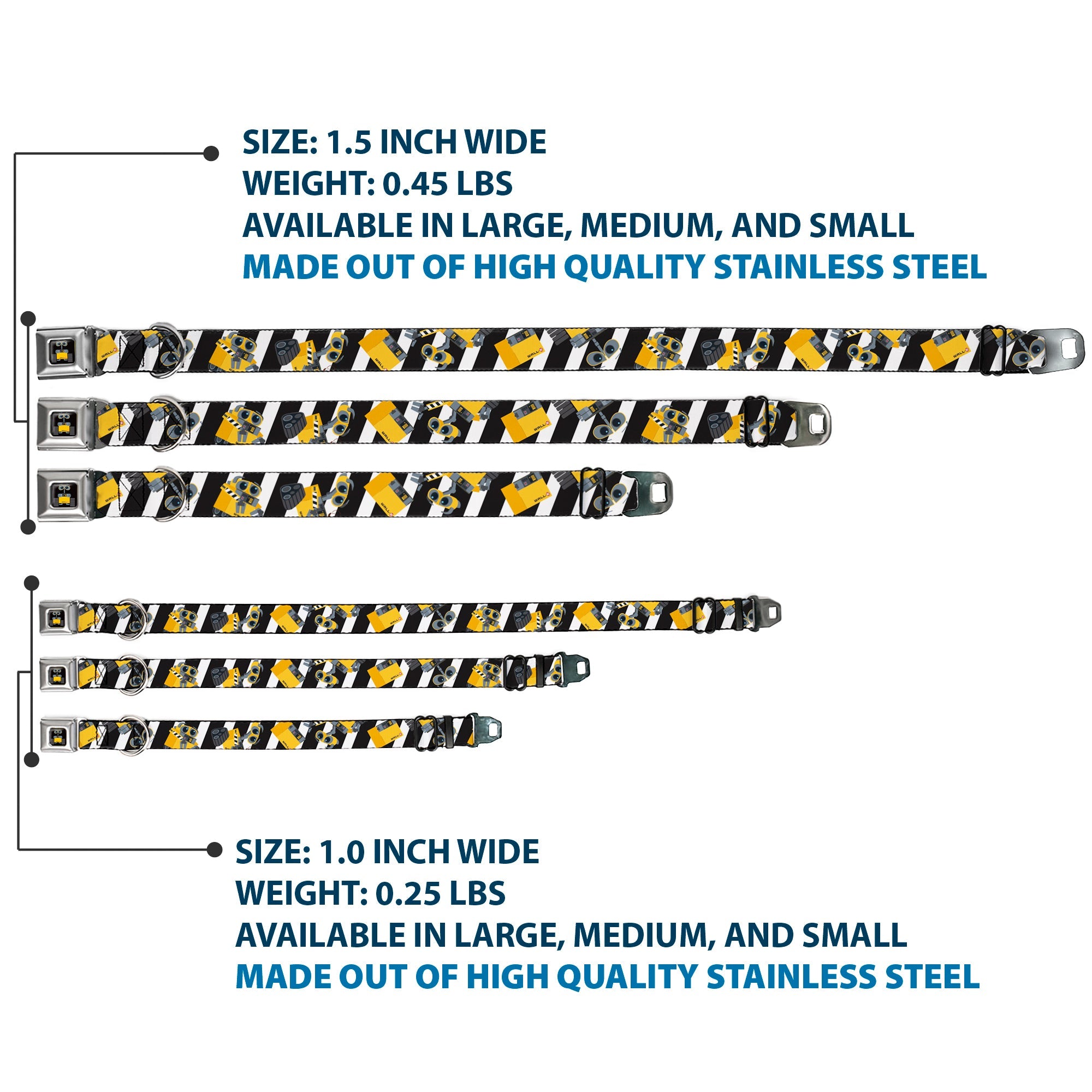 WALL-E Pose Full Color Black Seatbelt Buckle Collar - Wall-E Poses/Stripe Black/White