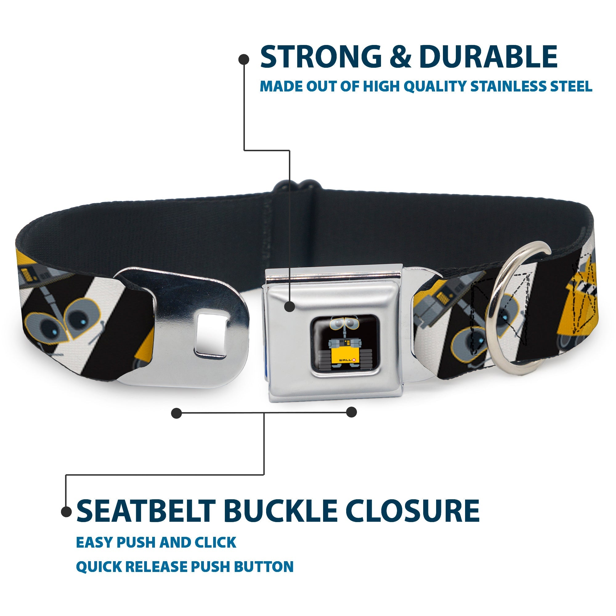 WALL-E Pose Full Color Black Seatbelt Buckle Collar - Wall-E Poses/Stripe Black/White