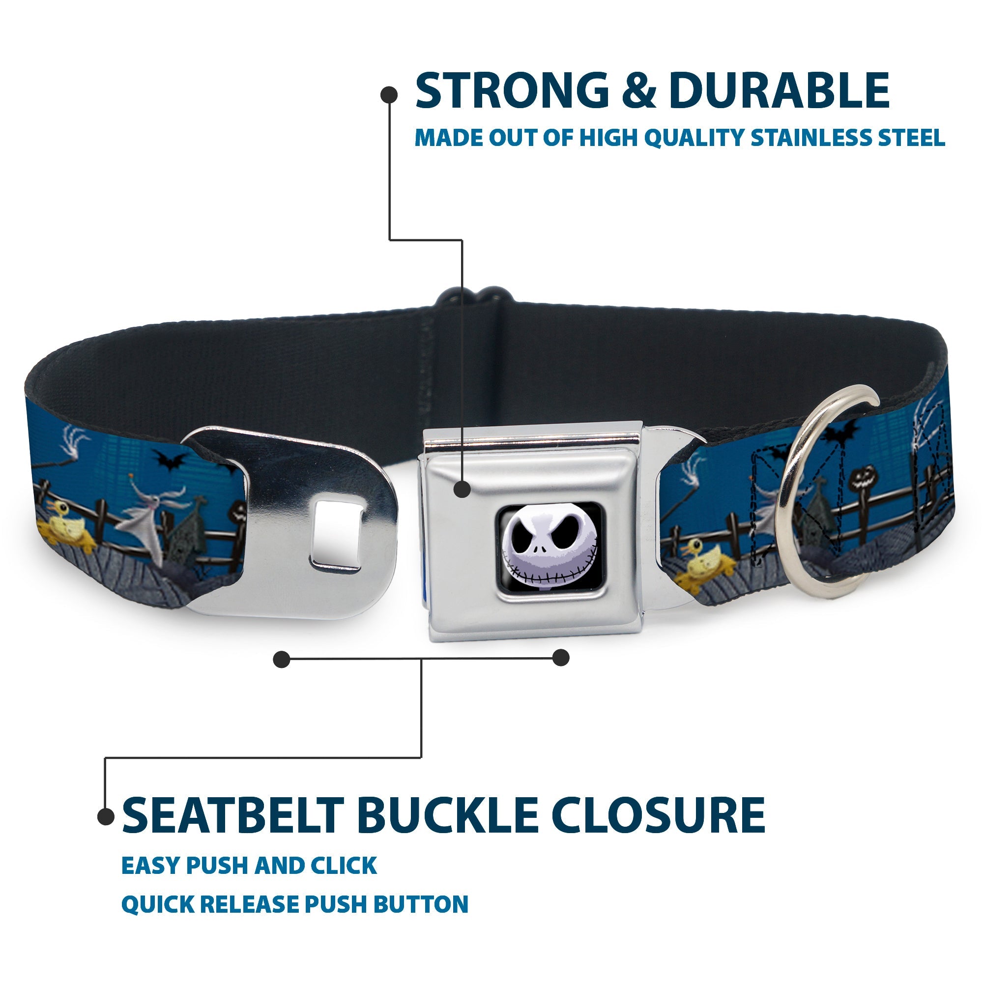 Jack Expression6 Full Color Seatbelt Buckle Collar - Nightmare Before Christmas Jack, Zombie Duck & Zero Cemetery Scene
