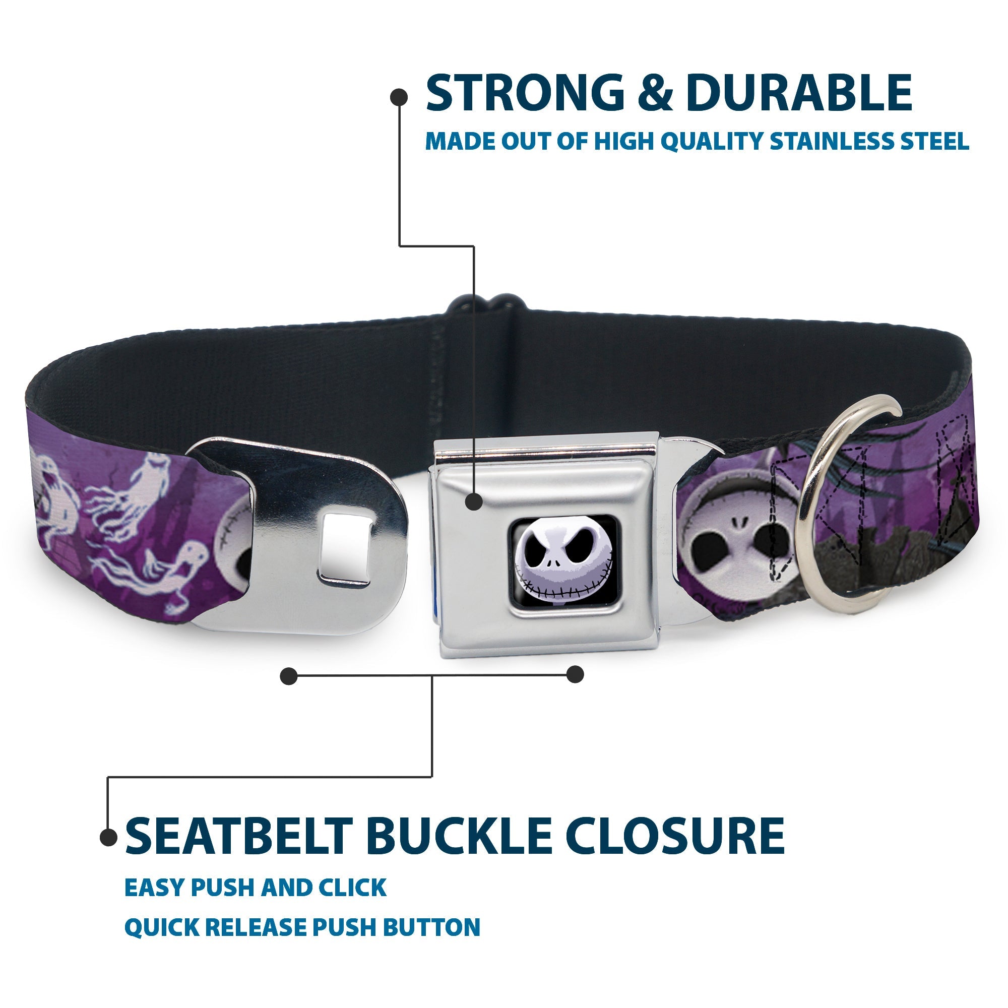 Jack Expression6 Full Color Seatbelt Buckle Collar - Jack Expressions/Ghosts in Cemetery Purples/Grays/White