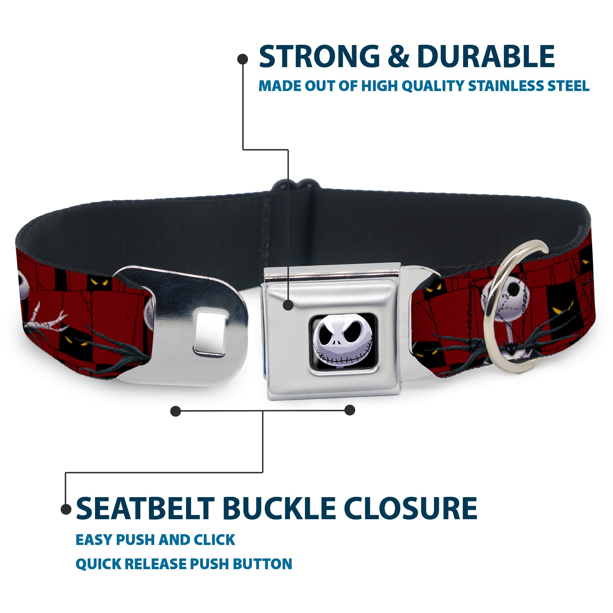 Jack Expression6 Full Color Seatbelt Buckle Collar - Nightmare Before Christmas 3-Jack Poses/Peeping Eyes Burgundy/Black/Yellow