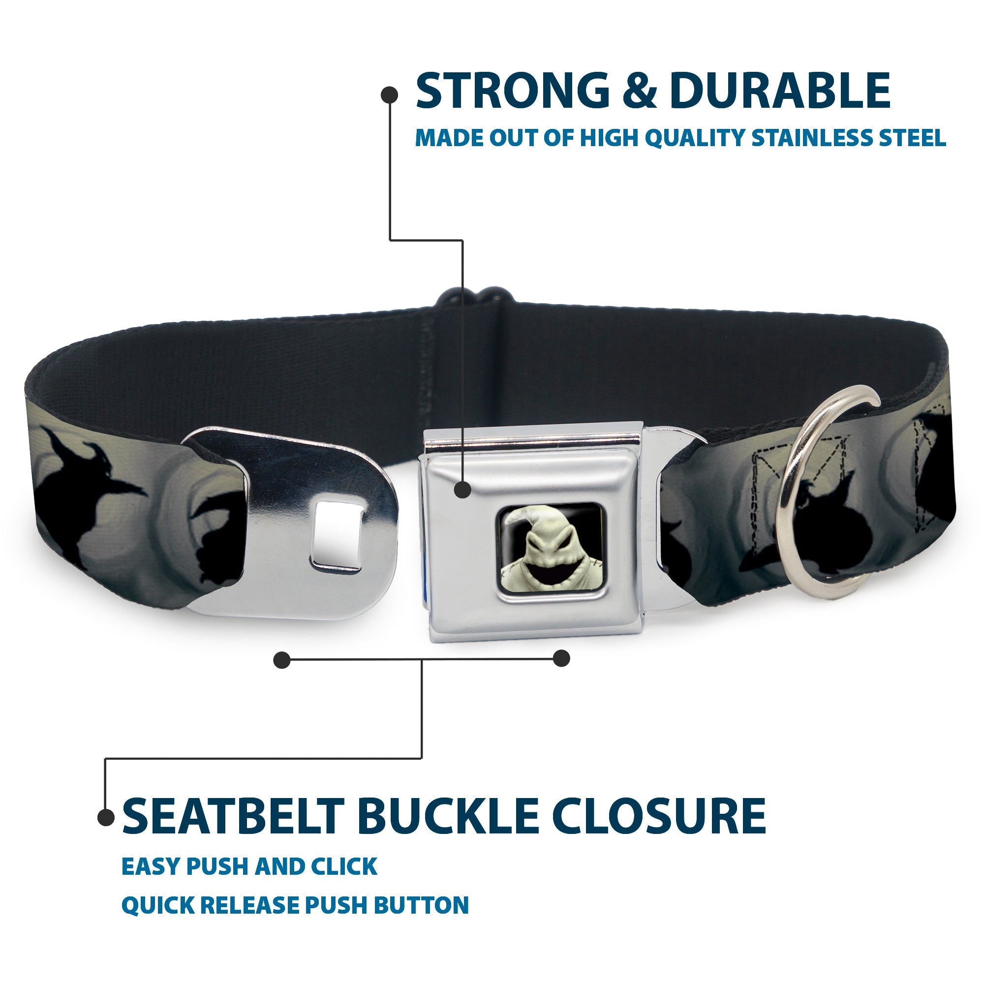 Oogie Boogie CLOSE-UP Full Color Seatbelt Buckle Collar - Oogie Boogie Silhouette Poses Gray/Black