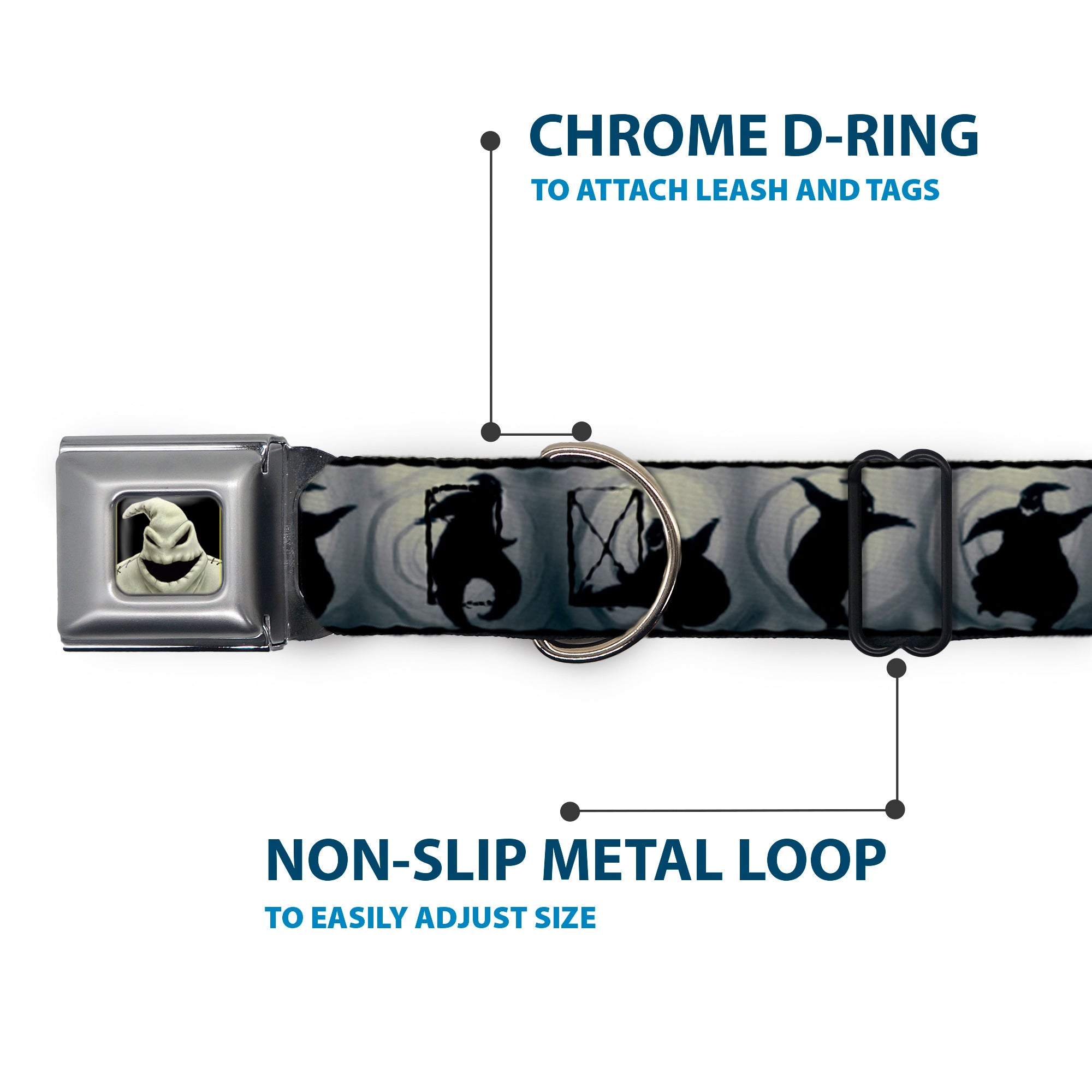 Oogie Boogie CLOSE-UP Full Color Seatbelt Buckle Collar - Oogie Boogie Silhouette Poses Gray/Black