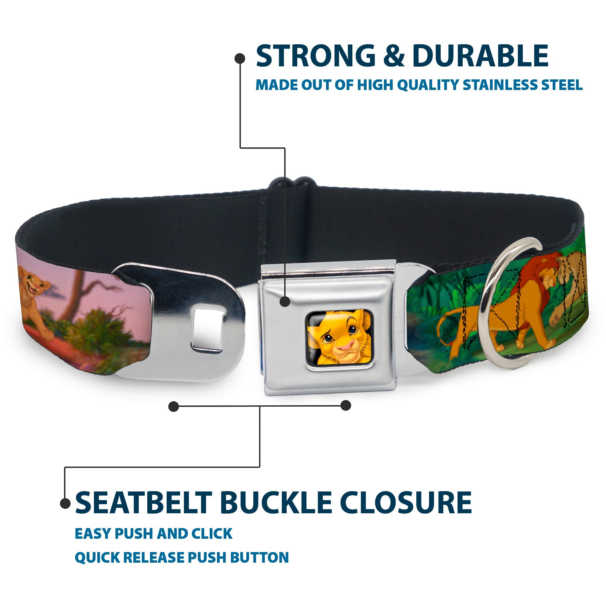 Simba Full Color Seatbelt Buckle Collar - Lion King Simba & Nala Growing Up Scenes