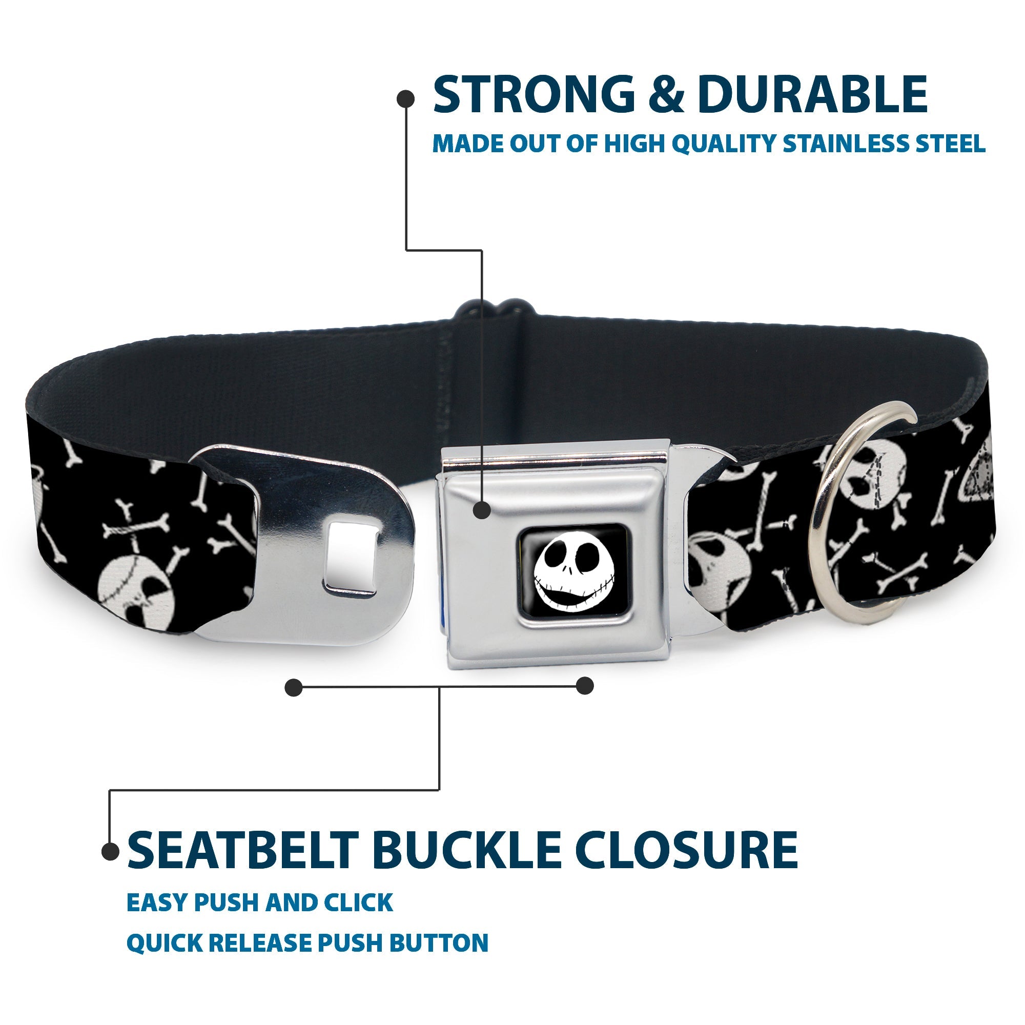 Jack Expressions/Bones Scattered Full Color Black/White Seatbelt Buckle Collar - Jack Expressions/Bones Scattered Black/White