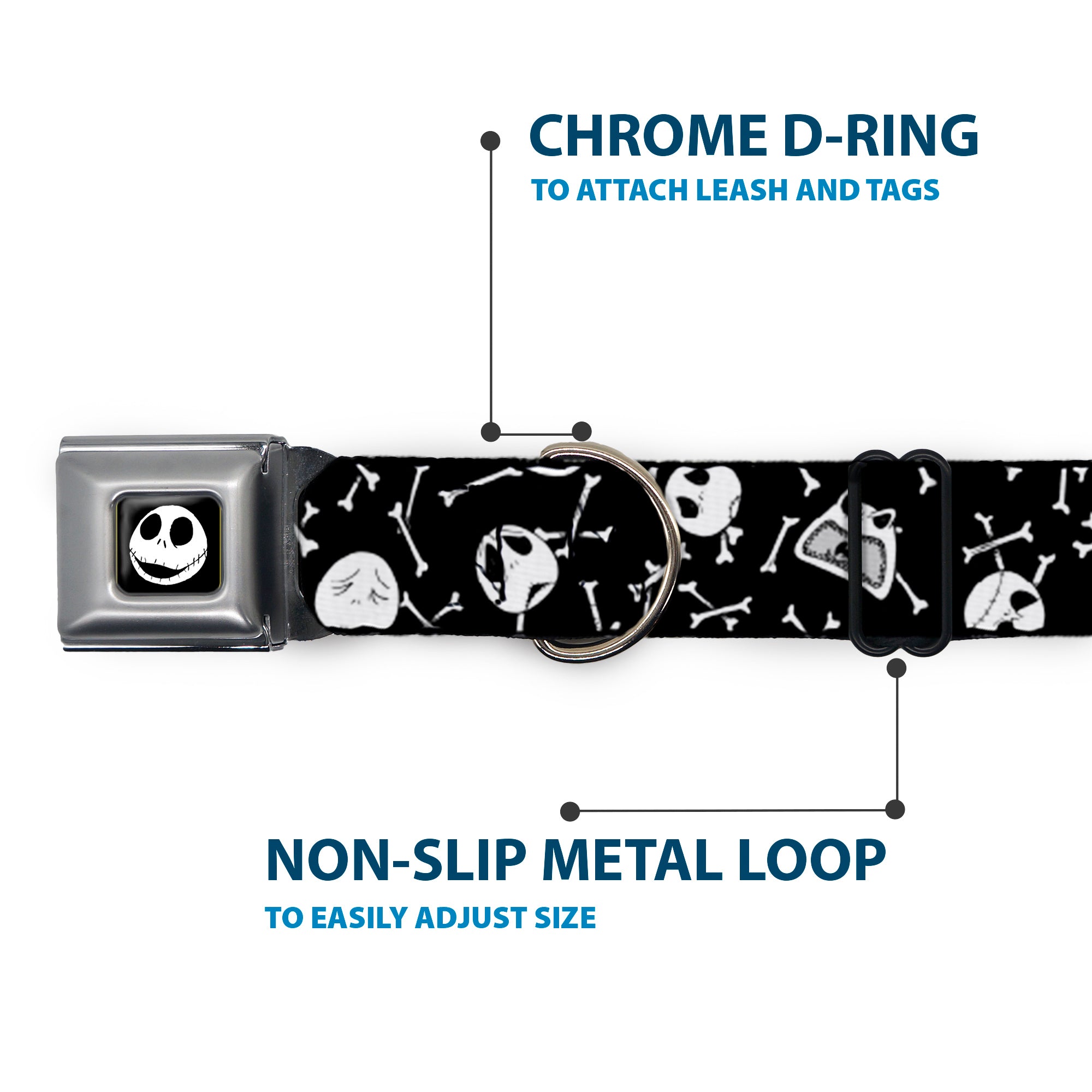 Jack Expressions/Bones Scattered Full Color Black/White Seatbelt Buckle Collar - Jack Expressions/Bones Scattered Black/White