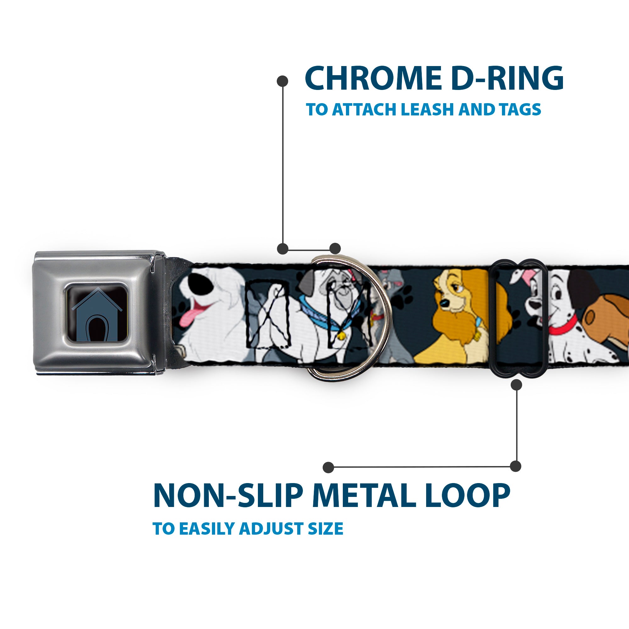 Dog House Full Color Black/Gray Seatbelt Buckle Collar - Disney Dogs 6-Dog Group Collage/Paws Gray/Black