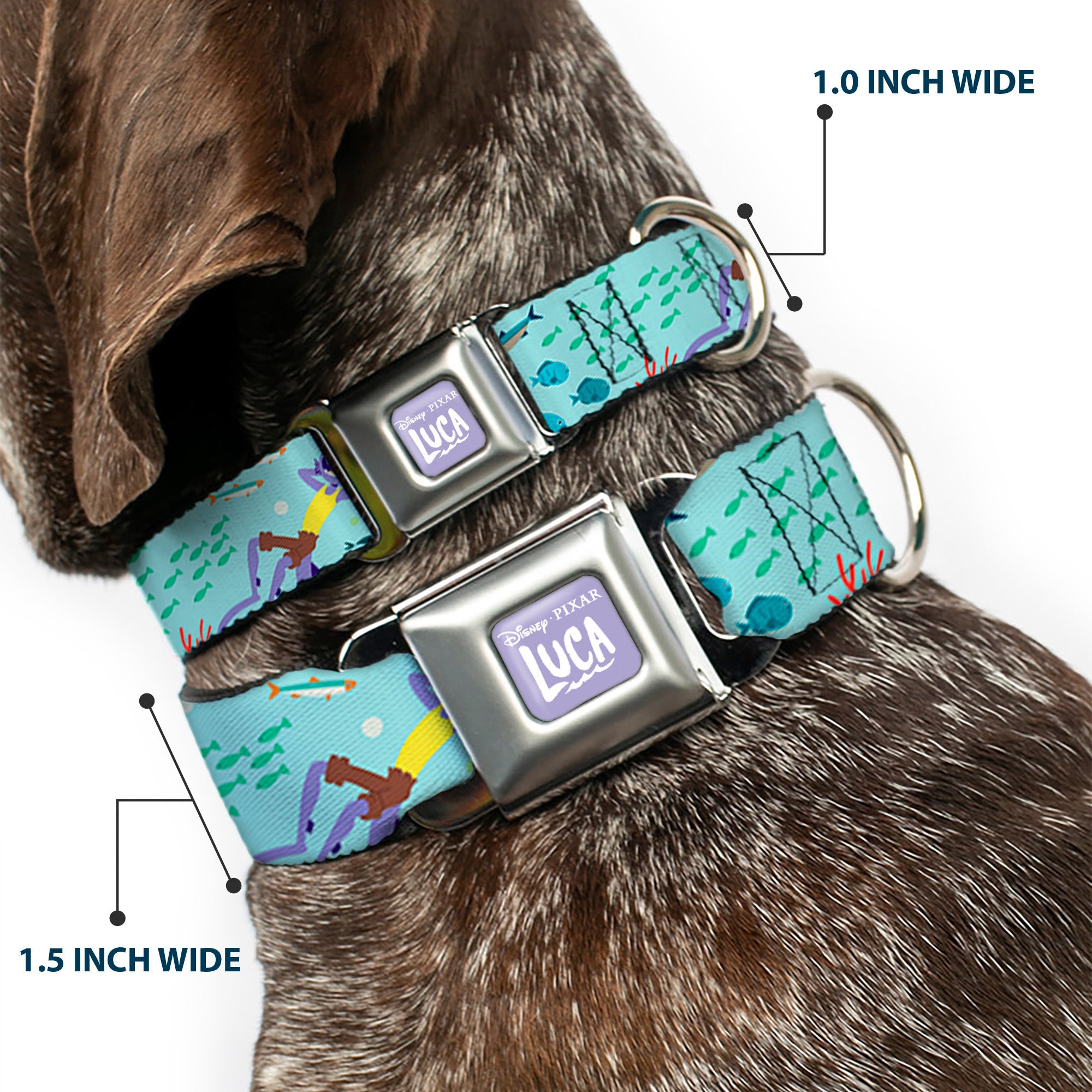 LUCA Logo Full Color Lavender/White Seatbelt Buckle Collar - Luca Isola del Mar Alberto Sea Monster School of Fish Collage