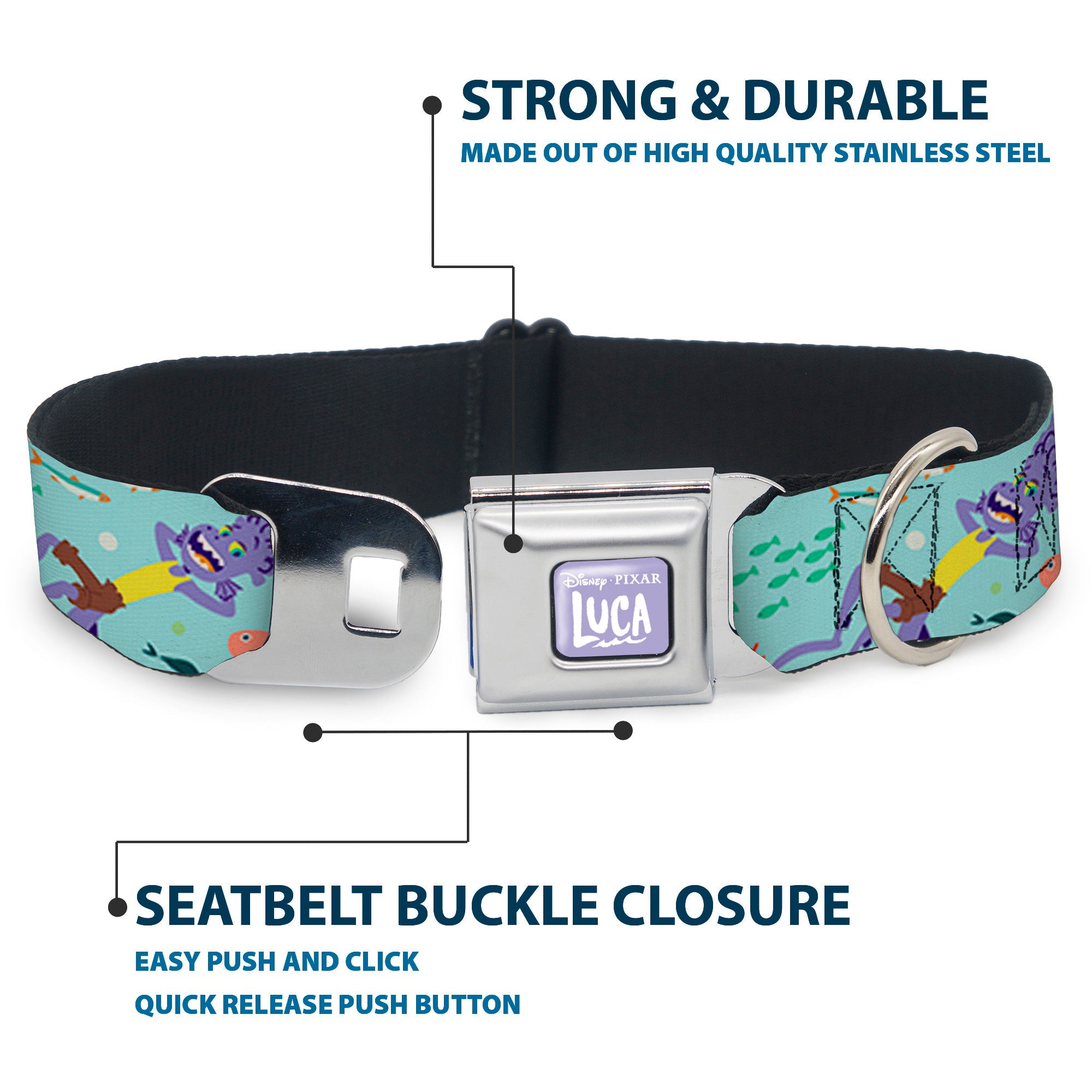 LUCA Logo Full Color Lavender/White Seatbelt Buckle Collar - Luca Isola del Mar Alberto Sea Monster School of Fish Collage