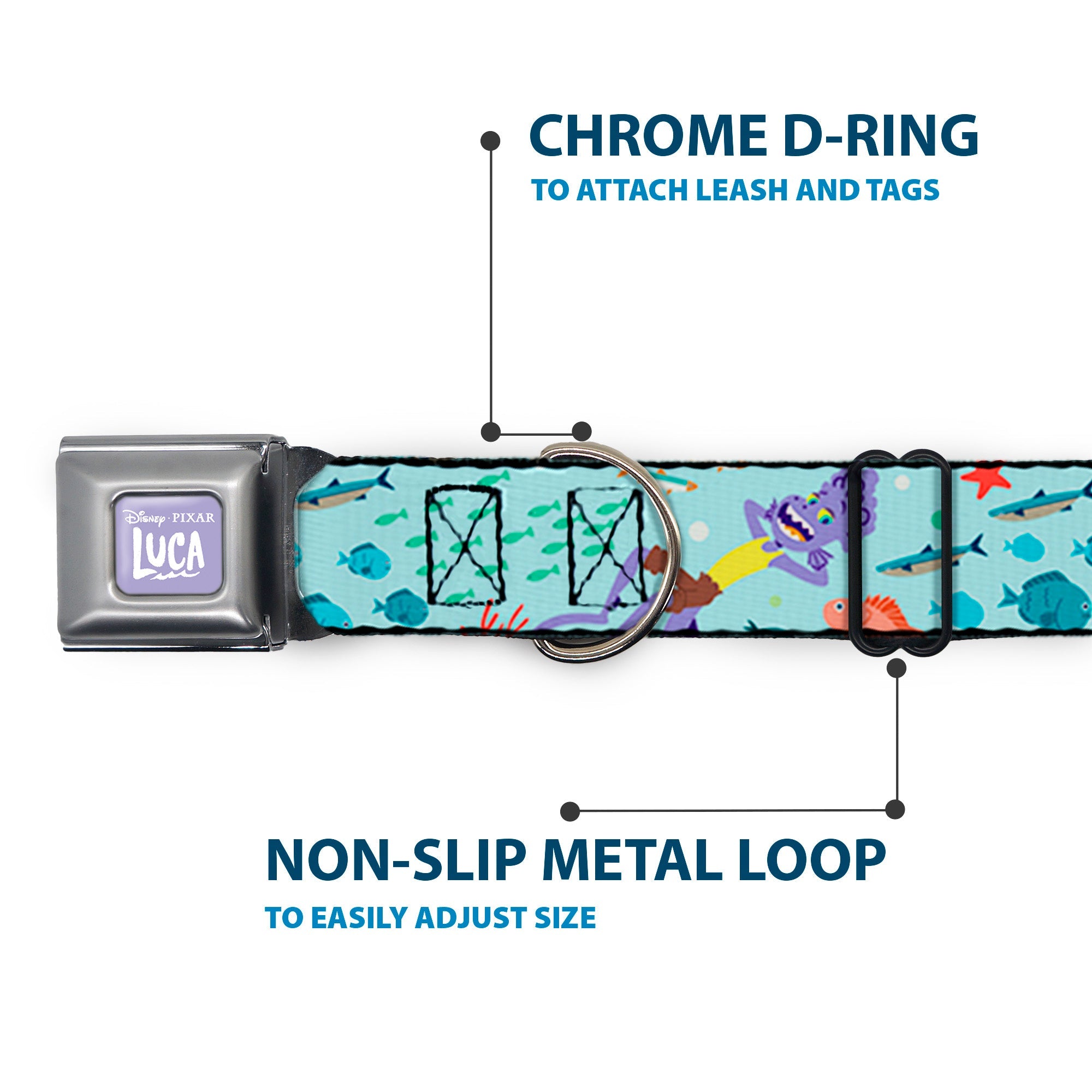LUCA Logo Full Color Lavender/White Seatbelt Buckle Collar - Luca Isola del Mar Alberto Sea Monster School of Fish Collage