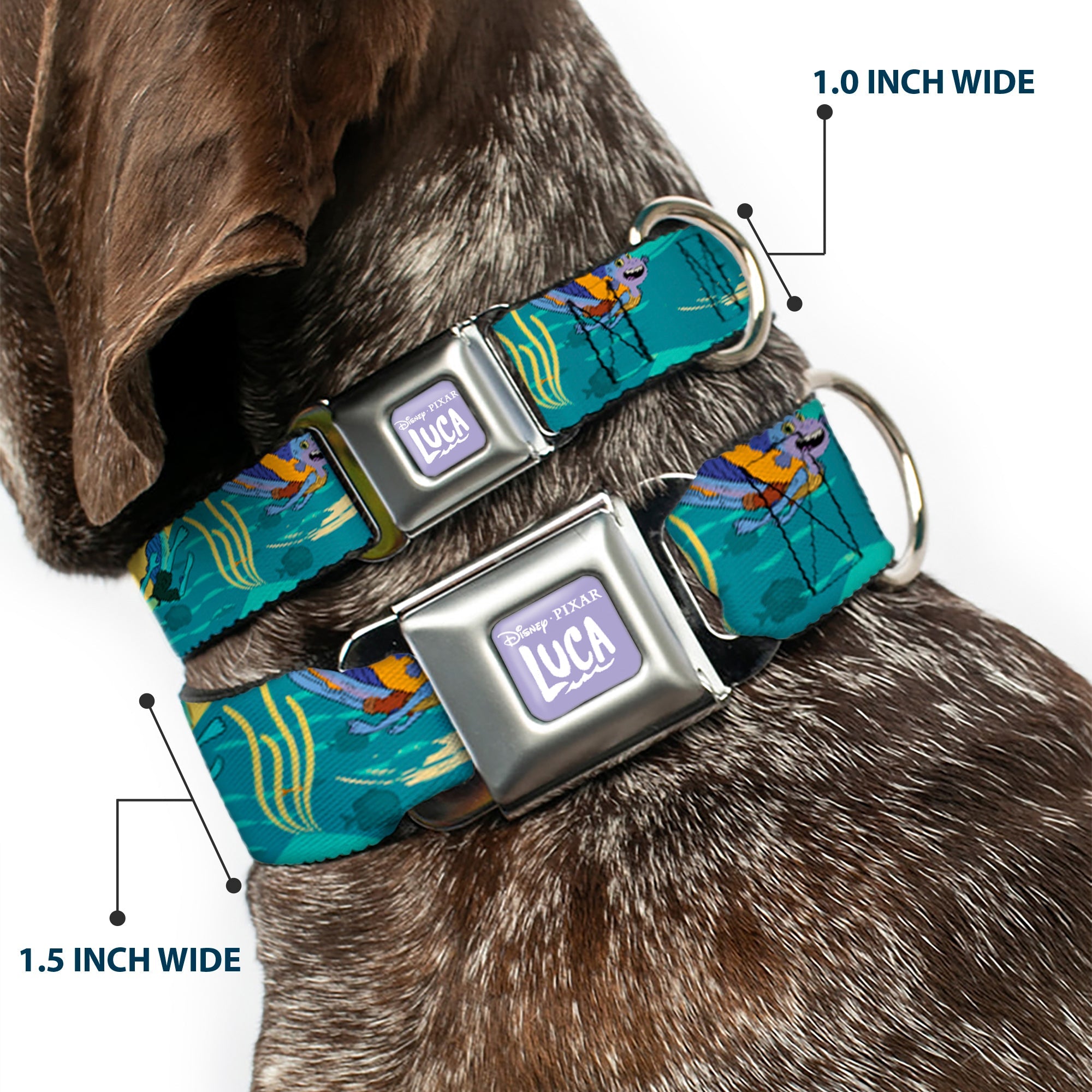 LUCA Logo Full Color Lavender/White Seatbelt Buckle Collar - Luca and Alberto Sea Monsters Swimming Poses Turquoise Blues
