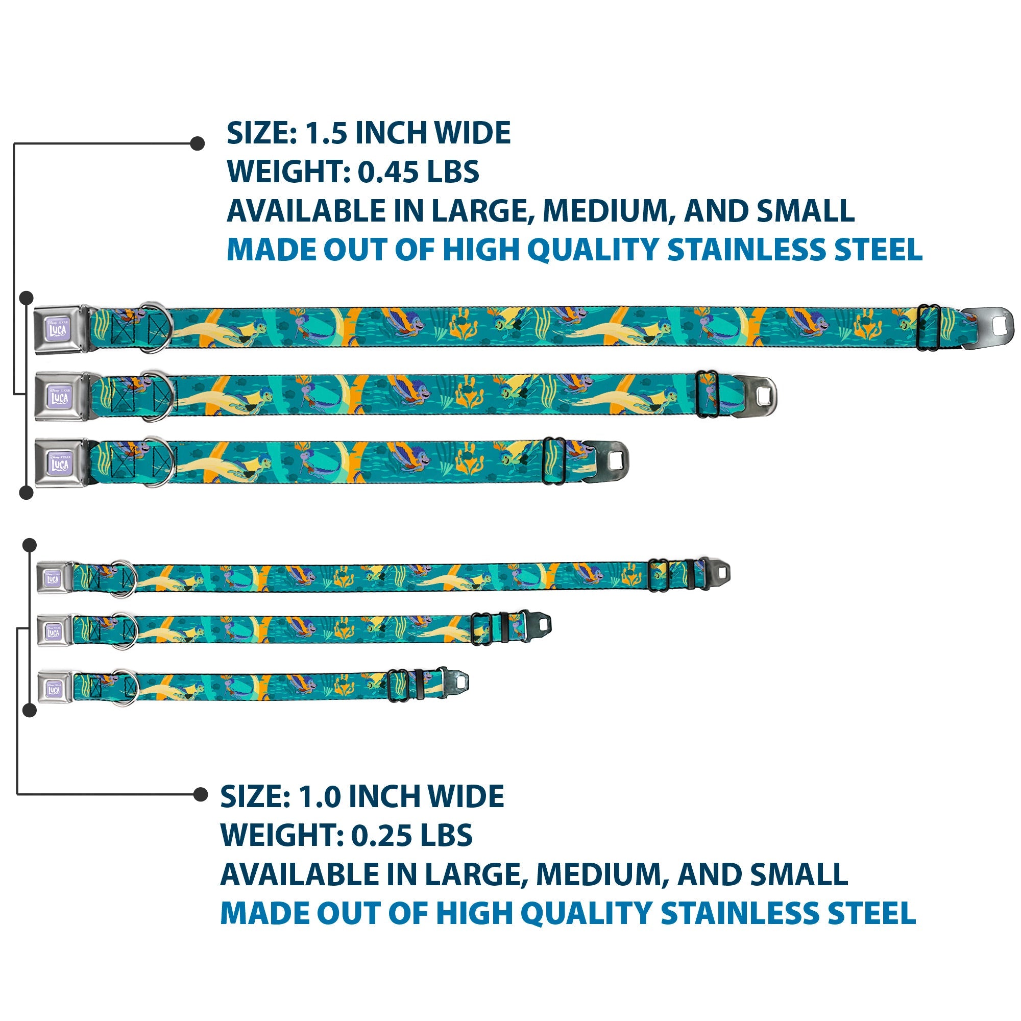 LUCA Logo Full Color Lavender/White Seatbelt Buckle Collar - Luca and Alberto Sea Monsters Swimming Poses Turquoise Blues