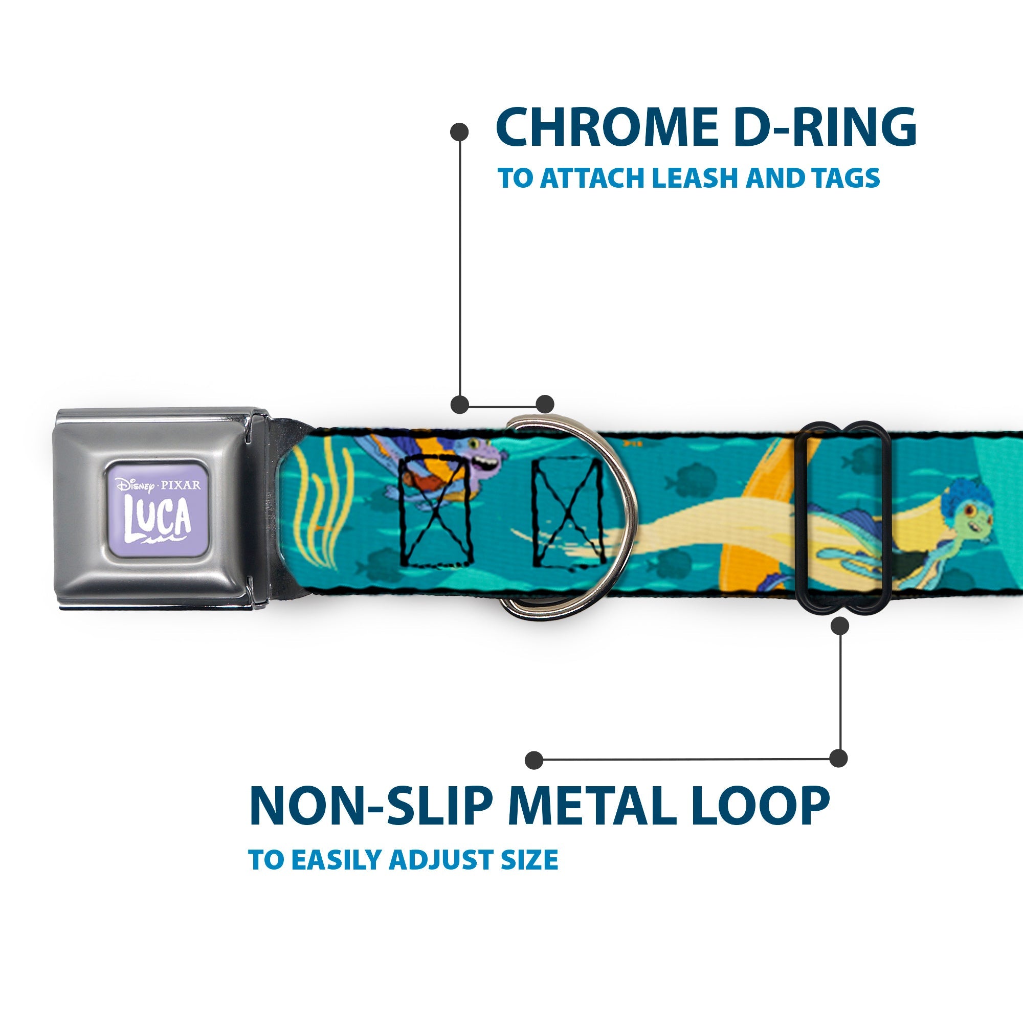 LUCA Logo Full Color Lavender/White Seatbelt Buckle Collar - Luca and Alberto Sea Monsters Swimming Poses Turquoise Blues