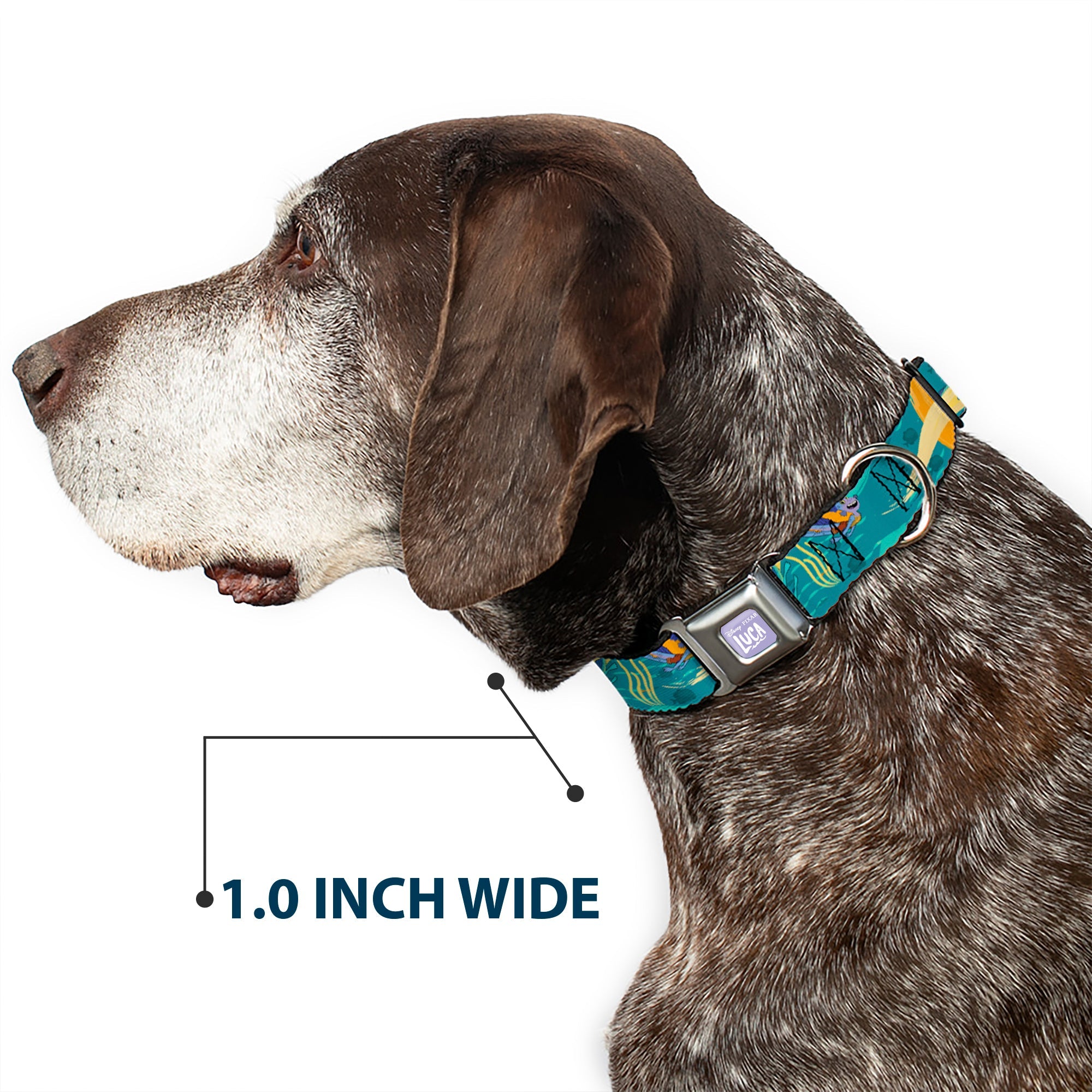 LUCA Logo Full Color Lavender/White Seatbelt Buckle Collar - Luca and Alberto Sea Monsters Swimming Poses Turquoise Blues