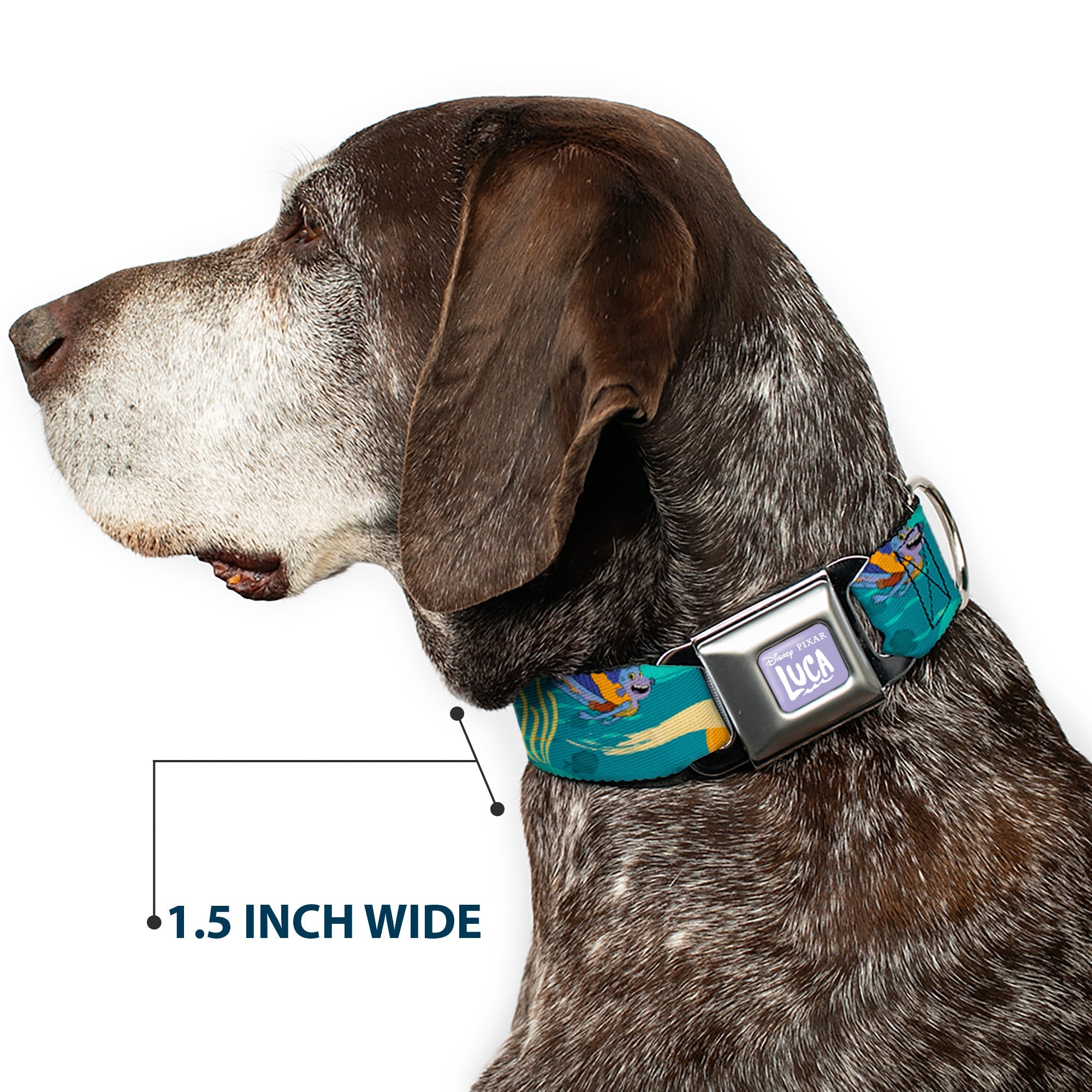LUCA Logo Full Color Lavender/White Seatbelt Buckle Collar - Luca and Alberto Sea Monsters Swimming Poses Turquoise Blues