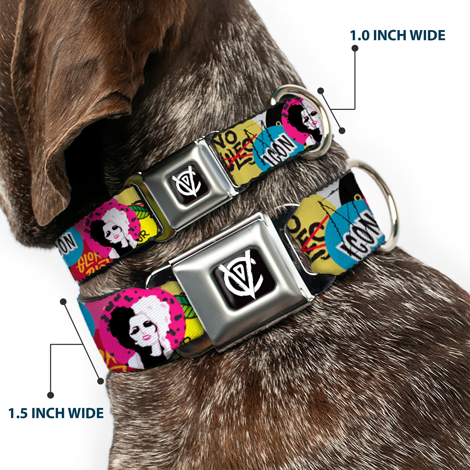 Cruella de Vil CDV Icon Black/White Seatbelt Buckle Collar - Cruella de Vil Cruell World and Round Badge Icons Collage