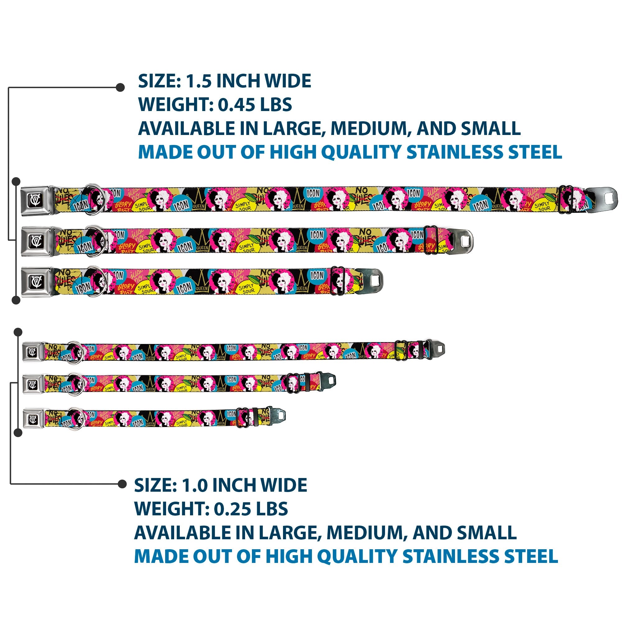 Cruella de Vil CDV Icon Black/White Seatbelt Buckle Collar - Cruella de Vil Cruell World and Round Badge Icons Collage