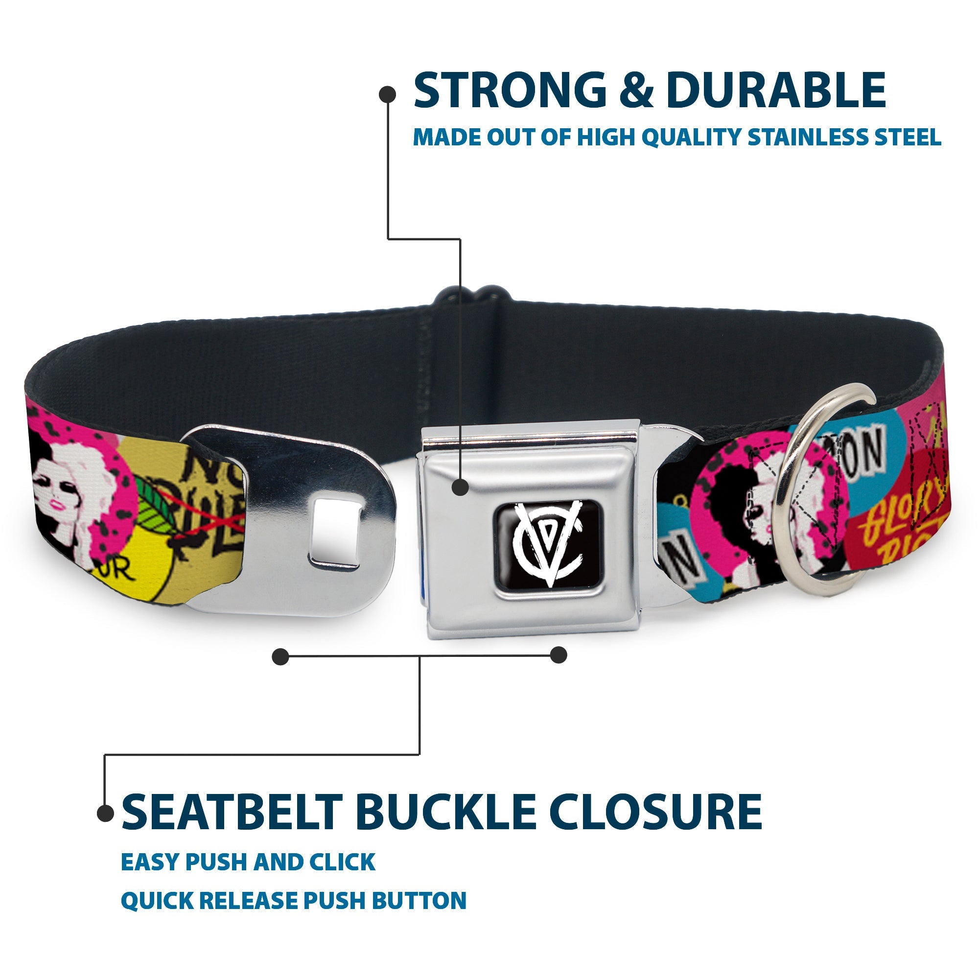 Cruella de Vil CDV Icon Black/White Seatbelt Buckle Collar - Cruella de Vil Cruell World and Round Badge Icons Collage