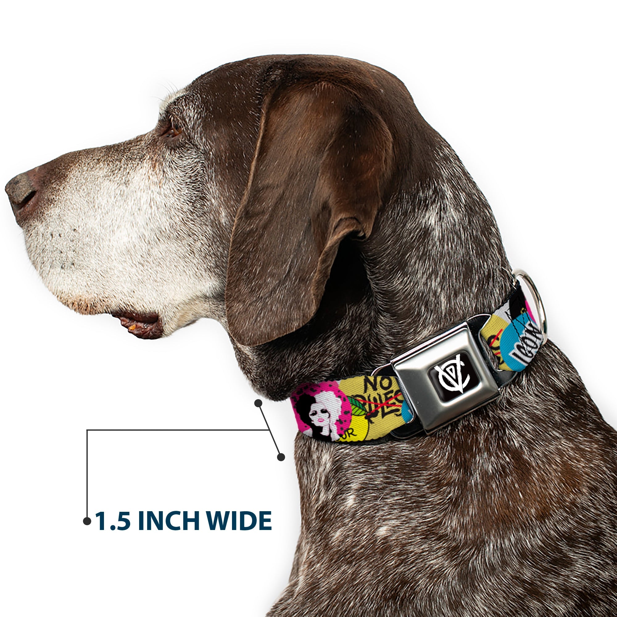 Cruella de Vil CDV Icon Black/White Seatbelt Buckle Collar - Cruella de Vil Cruell World and Round Badge Icons Collage
