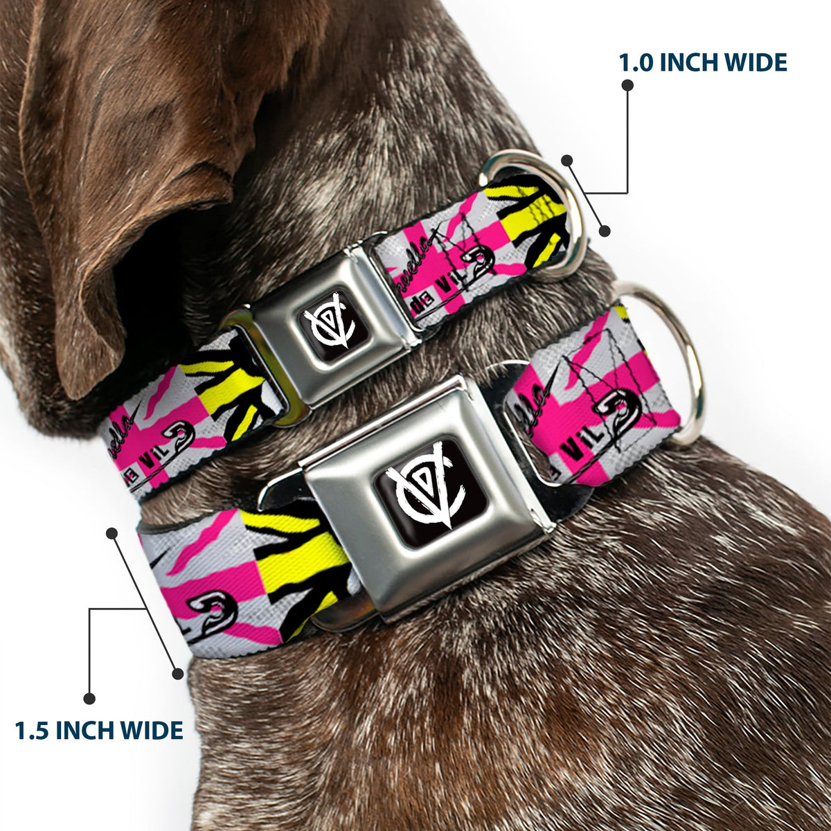 Cruella de Vil CDV Icon Black/White Seatbelt Buckle Collar - CRUELLA DE VIL Safety Pin/Cruell World Pose Union Jack Punk Rock Blocks