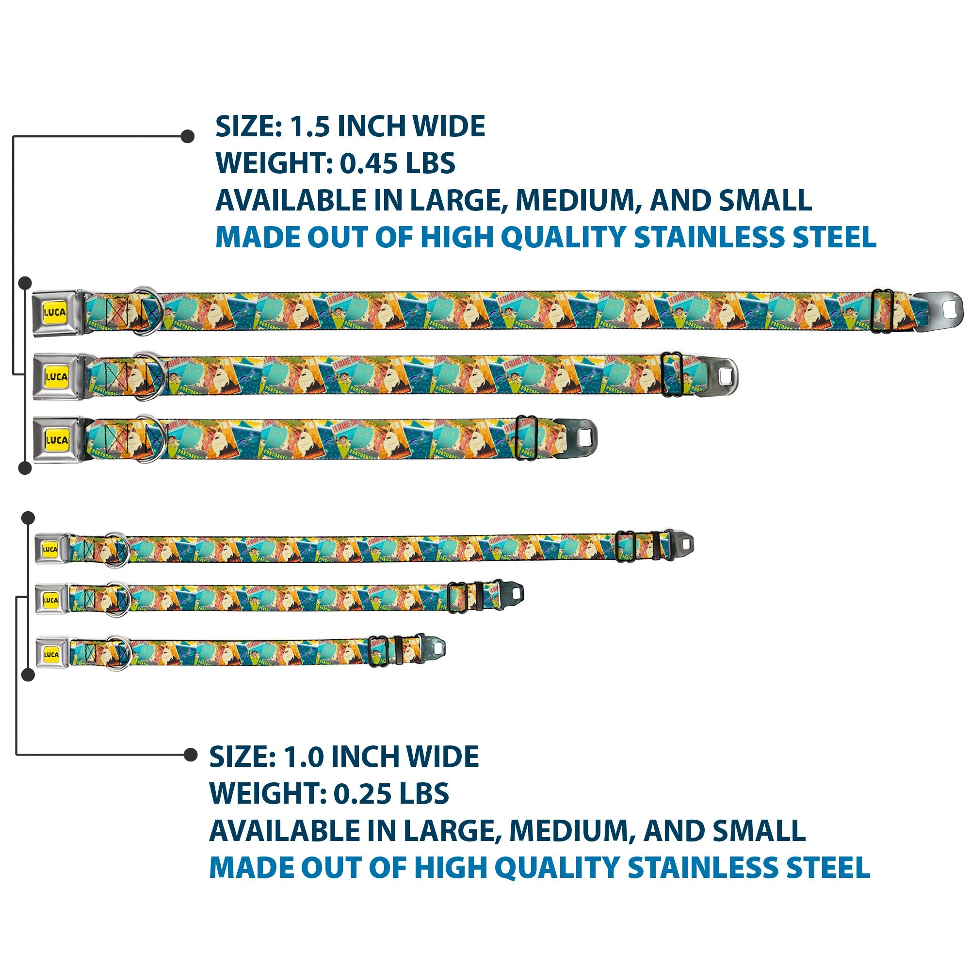 LUCA Logo Full Color Yellow/Black Seatbelt Buckle Collar - Luca The Piazza Poster Collage Stacked