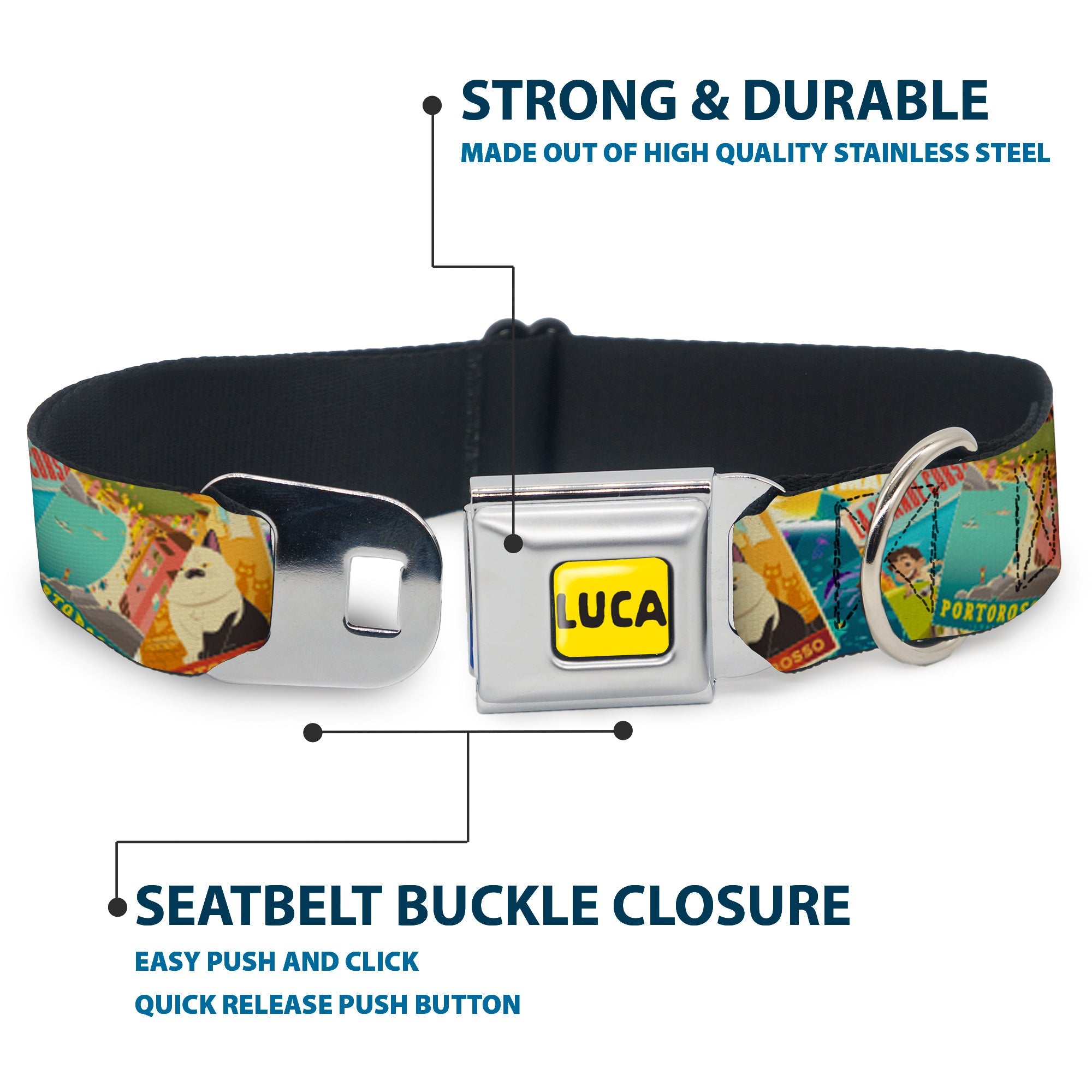 LUCA Logo Full Color Yellow/Black Seatbelt Buckle Collar - Luca The Piazza Poster Collage Stacked