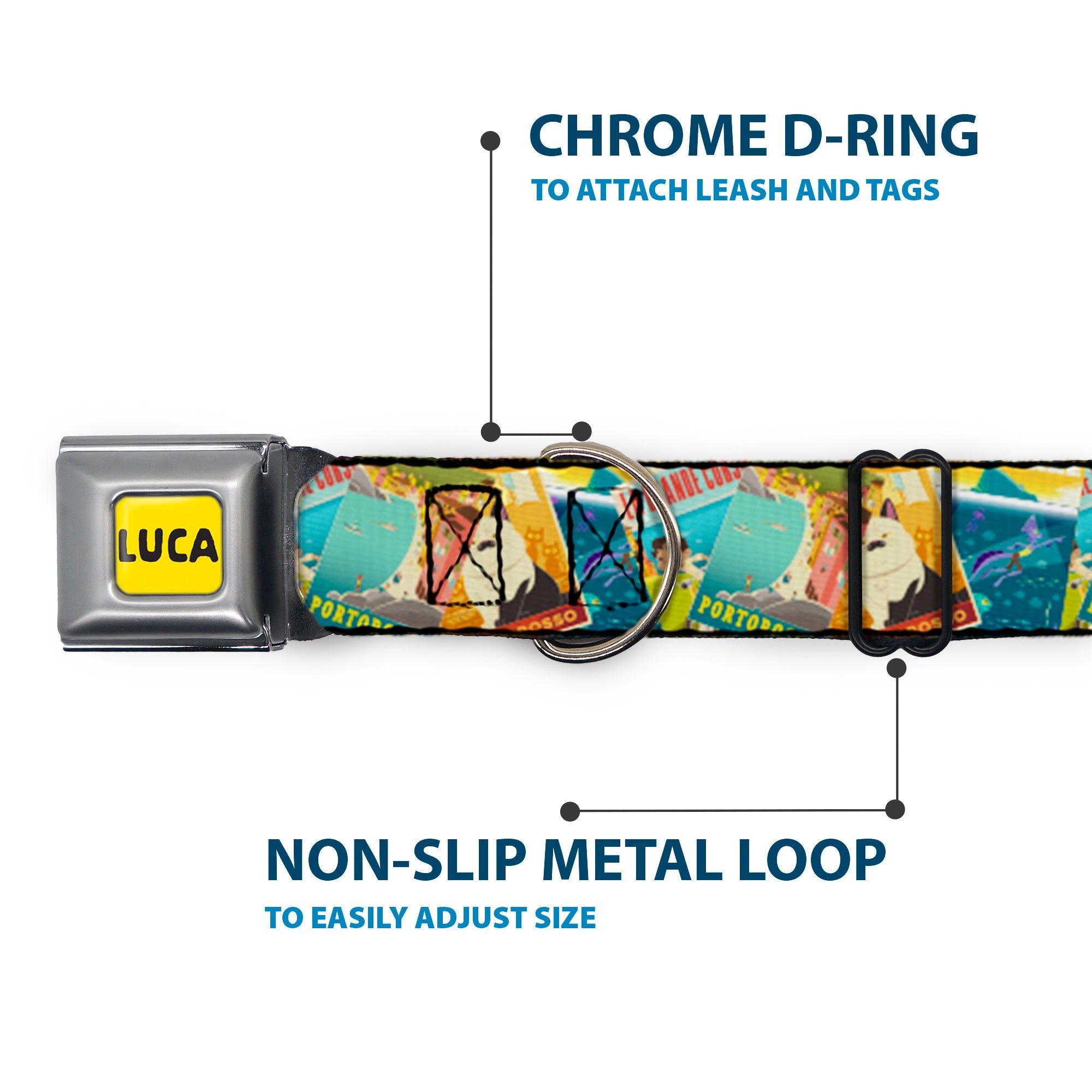LUCA Logo Full Color Yellow/Black Seatbelt Buckle Collar - Luca The Piazza Poster Collage Stacked