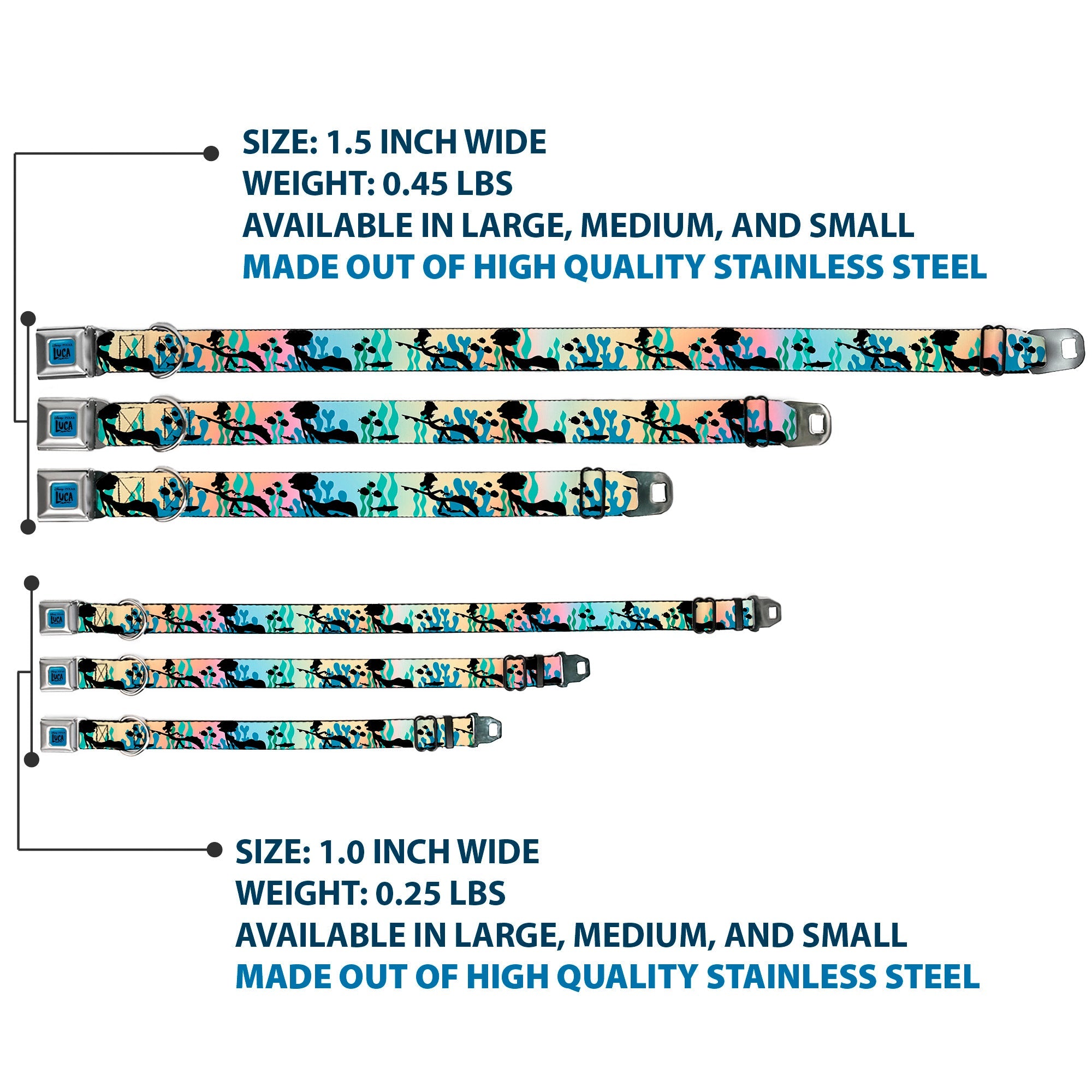 LUCA Logo Full Color Turquoise/Black Seatbelt Buckle Collar - Luca and Alberto Sea Monsters Underwater Silhouette Ombre/Black