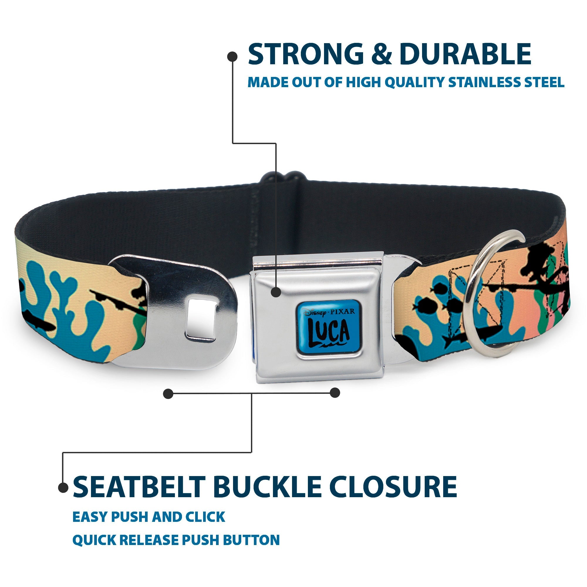 LUCA Logo Full Color Turquoise/Black Seatbelt Buckle Collar - Luca and Alberto Sea Monsters Underwater Silhouette Ombre/Black