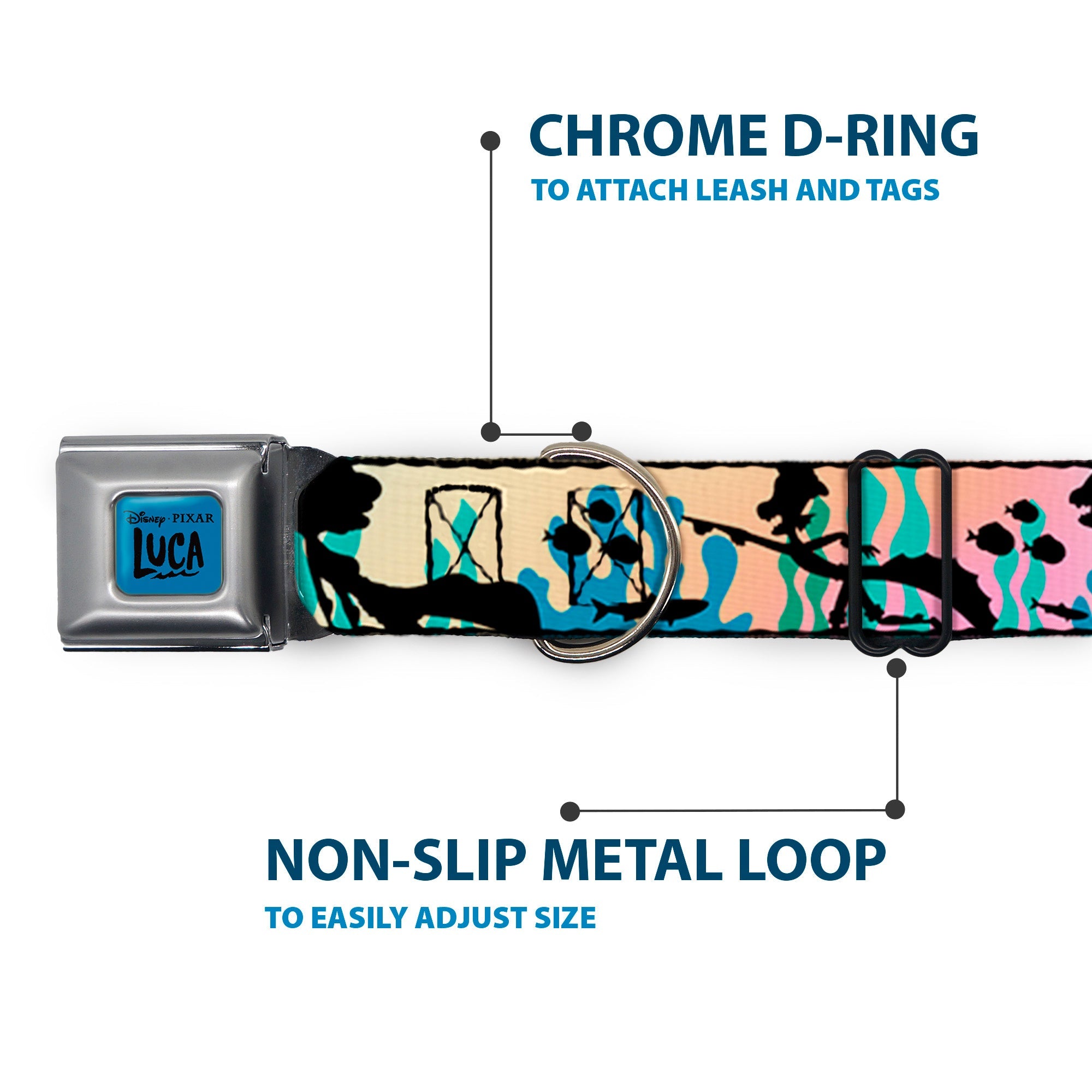 LUCA Logo Full Color Turquoise/Black Seatbelt Buckle Collar - Luca and Alberto Sea Monsters Underwater Silhouette Ombre/Black