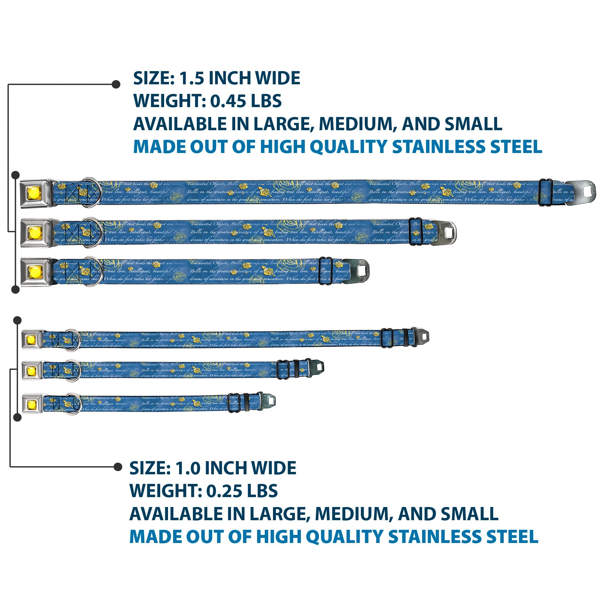 Princess Gem CLOSE-UP Full Color Yellow Seatbelt Buckle Collar - Beauty & the Beast Story Script