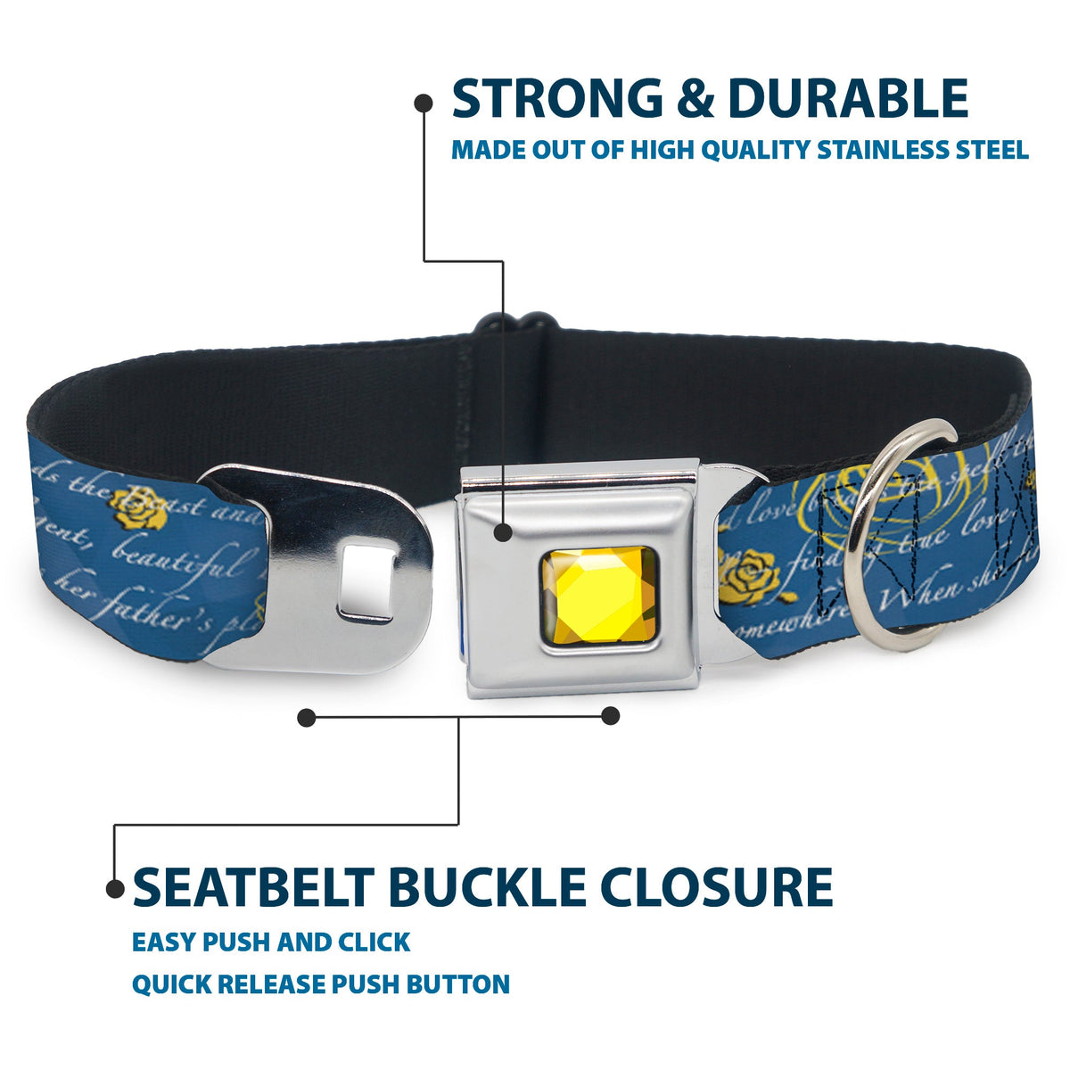 Princess Gem CLOSE-UP Full Color Yellow Seatbelt Buckle Collar - Beauty & the Beast Story Script