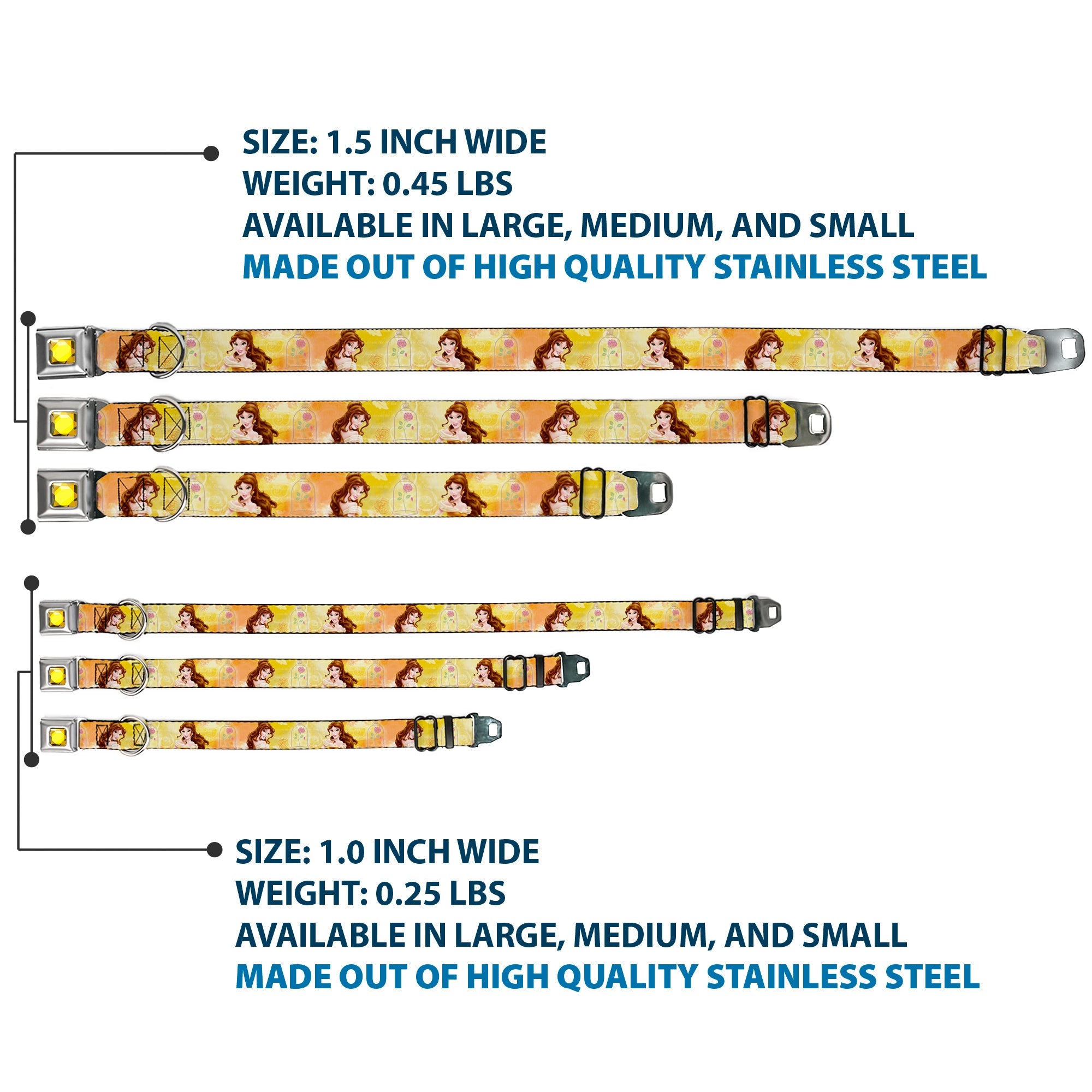 Princess Gem CLOSE-UP Full Color Yellow Seatbelt Buckle Collar - Belle Poses/Enchanted Rose/Story Script Yellow/Pinks