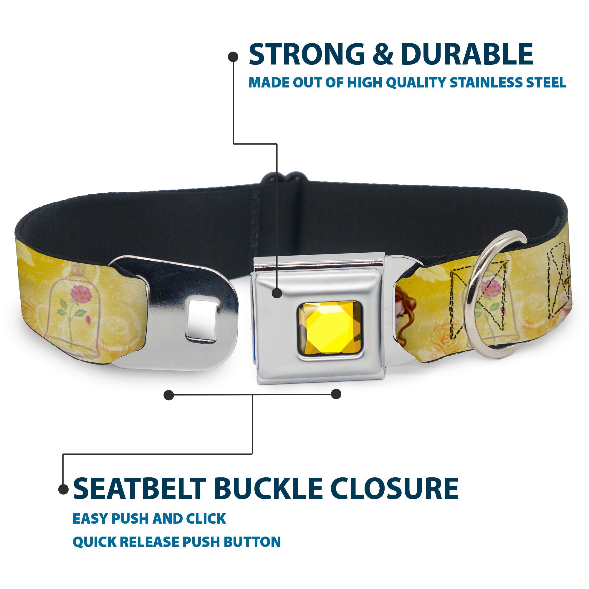 Princess Gem CLOSE-UP Full Color Yellow Seatbelt Buckle Collar - Belle Poses/Enchanted Rose/Story Script Yellow/Pinks